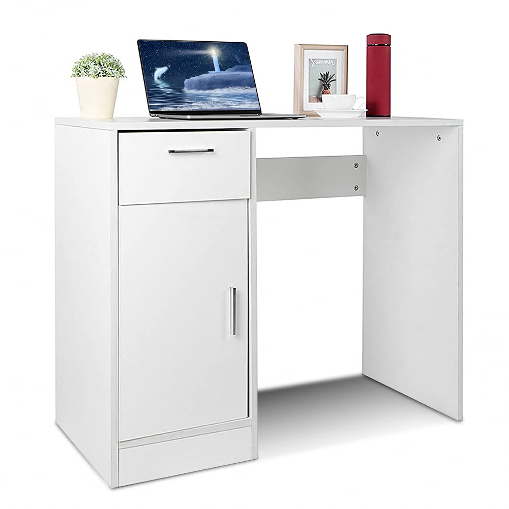 Ergonomic Computer Desk with Drawers & Cabinet - Home Office Writing Desk for Laptop, PC & Study | Space-Saving Workstation with Storage (White) | Perfect for Small Spaces, Remote Work & Online Learning
