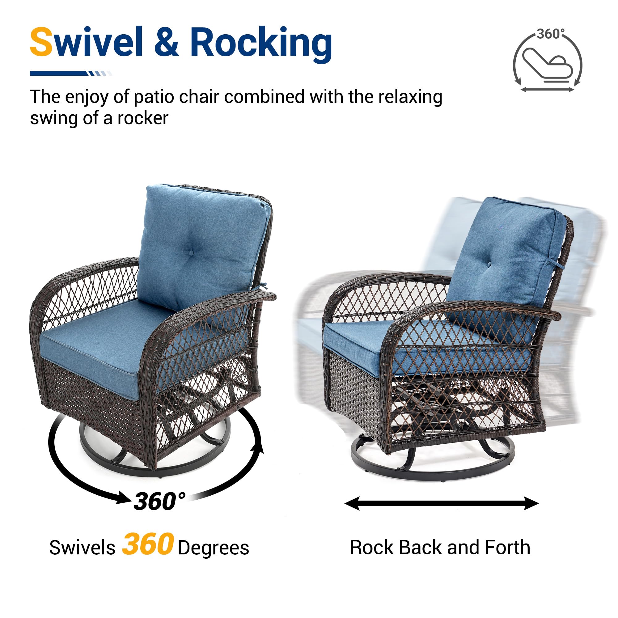 UDPATIO 3-Piece Outdoor Patio Furniture Set - 2 Swivel Rocking Chairs with Thick Cushions & Glass Coffee Table - All-Weather Wicker Glider Seating for Porch, Deck, Backyard, Garden (Blue) - Perfect for Relaxing, Entertaining Guests, and Enjoying Sunny Days