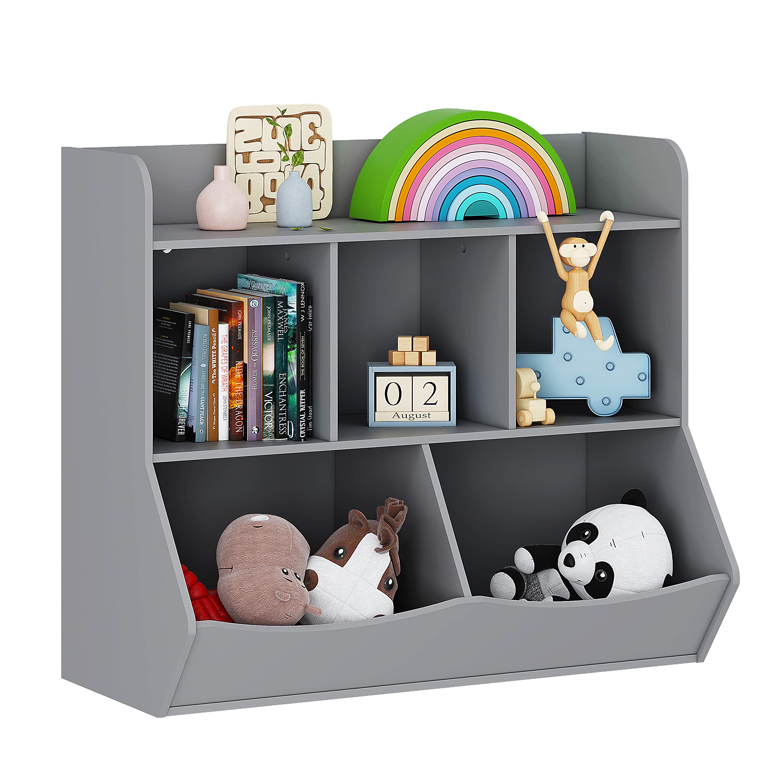 UTEX Kids Toy Storage Organizer with Bookcase - 6-Shelf Gray Organizer for Books, Toys & Games | Perfect for Playroom, Bedroom & Nursery Organization