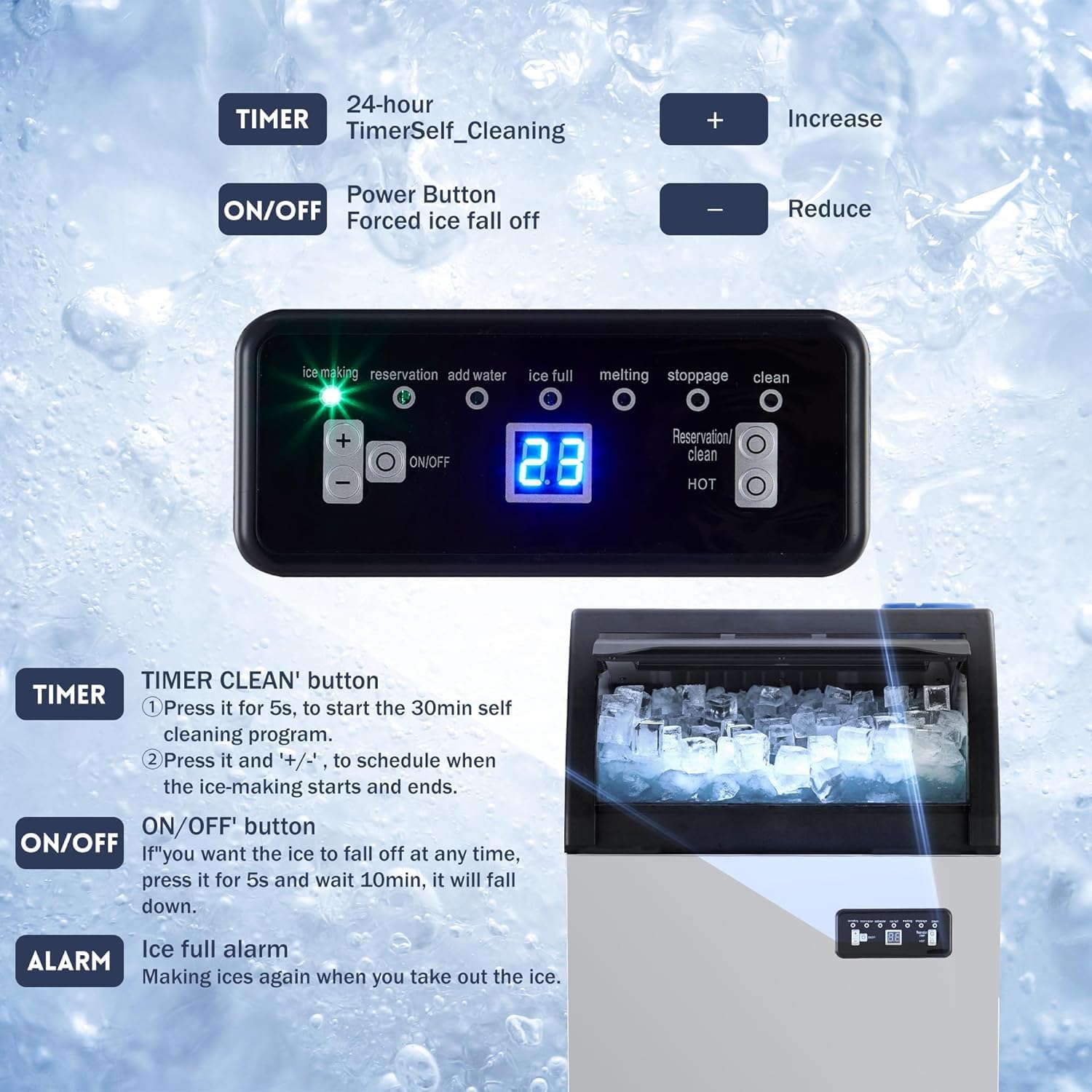 Commercial Ice Maker Machine 120Lbs/24H, 28Lbs Storage, Makes 45 Clear Ice Cubes in 11-20 Mins - Dual Water Inlet Modes with Ice Scoop & Drain Pipe - Perfect for Restaurants, Bars, Cafes & Home Use
