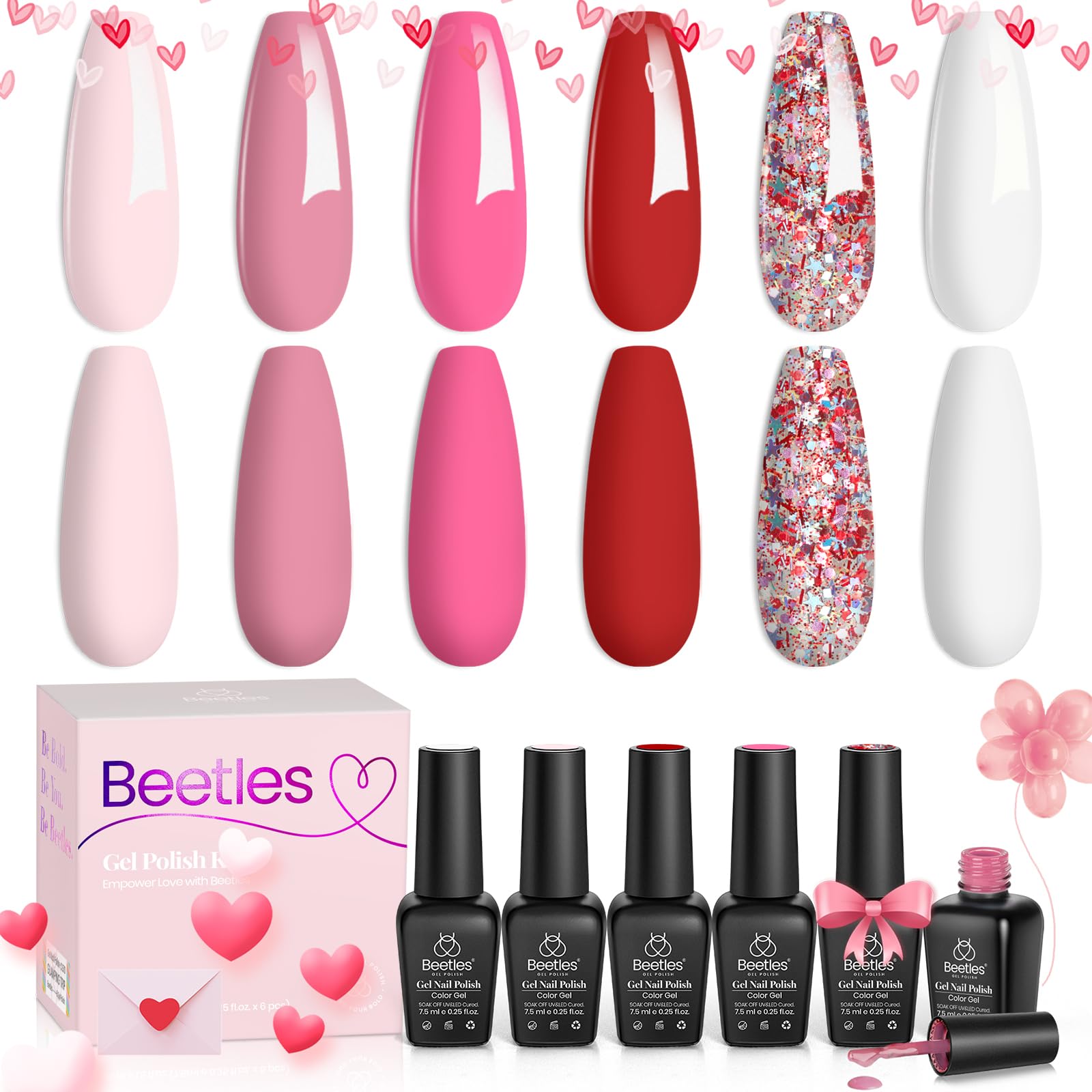 Beetles 6 Colors Pink Gel Nail Polish Set - Soak Off UV LED Nail Kit with Red, Nude, Pink, White & Glitter Shades | Fall in Love Collection | Perfect for Home Manicures, Nail Salon Use & Gift for Women & Girls