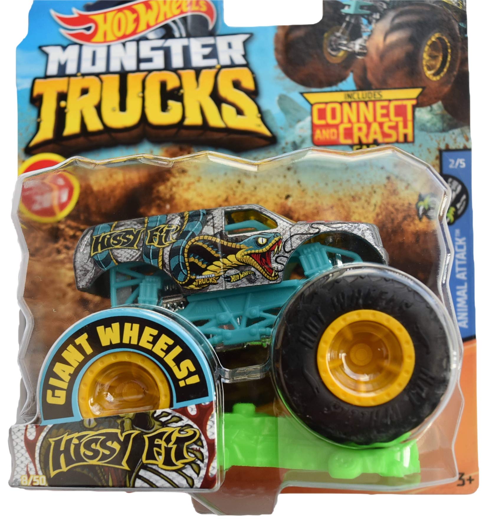 Hot Wheels Monster Trucks 1:64 Scale Die-Cast Toy Car - Silver & Teal Collectible Vehicle with Connect & Crash Feature (8/50 Series) - Perfect for Kids Play, Gift Giving & Die-Cast Car Collections