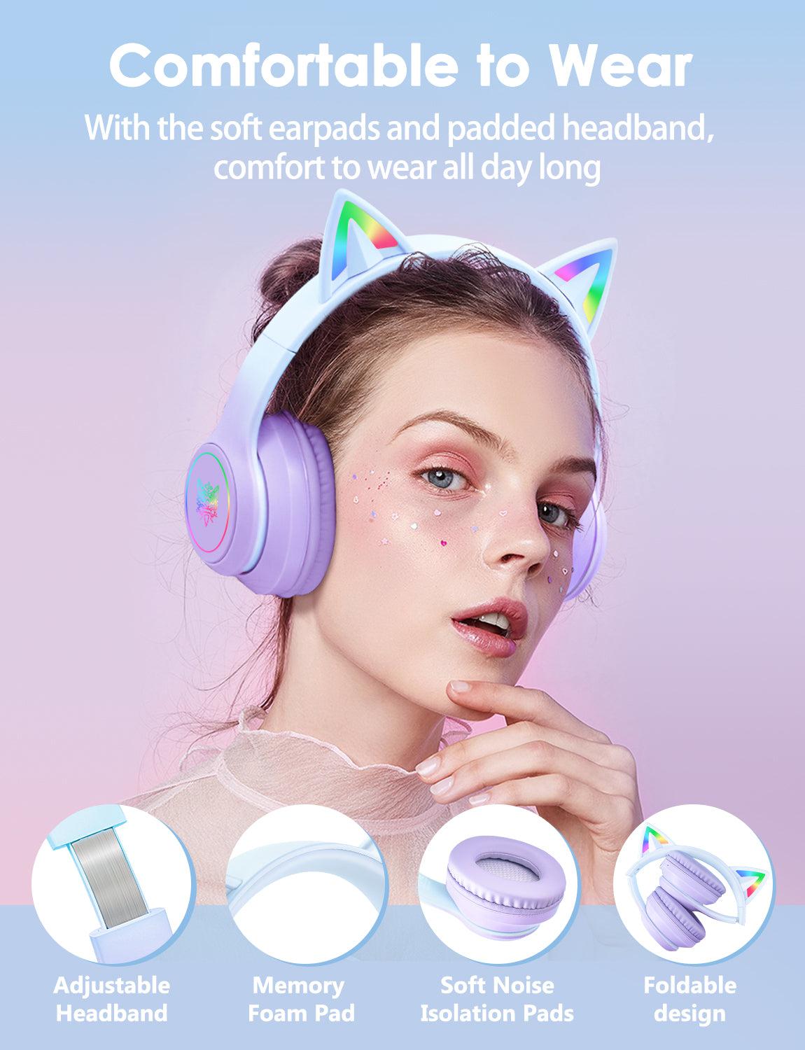 Onikuma B90 RGB Cat Ear Bluetooth 5.0 Wireless Gaming Headset with Microphone - Lightweight Over-Ear Headphones for PC, PS4, Xbox, Mobile Gaming - Perfect for Streaming, Esports & Late-Night Gaming Sessions