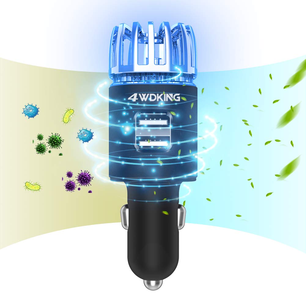 4WDKING Car Air Purifier & Ionizer with Dual USB Charger - 12V Plug-in Air Freshener Eliminates Smoke, Pet & Food Odors - Ionic Ozone Generator for Cleaner Air (Black) - Perfect for Cars, Trucks & RVs