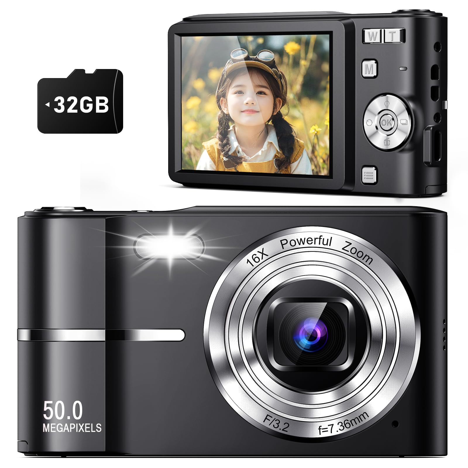 50MP Full HD 1080P Digital Camera with 16x Zoom & Anti-Shake - Compact Travel Camera for Kids, Students, Teens (Boys & Girls) - Includes 32GB SD Card & 2 Batteries (Black) - Perfect for Birthday Gifts, School Projects & Family Vacations