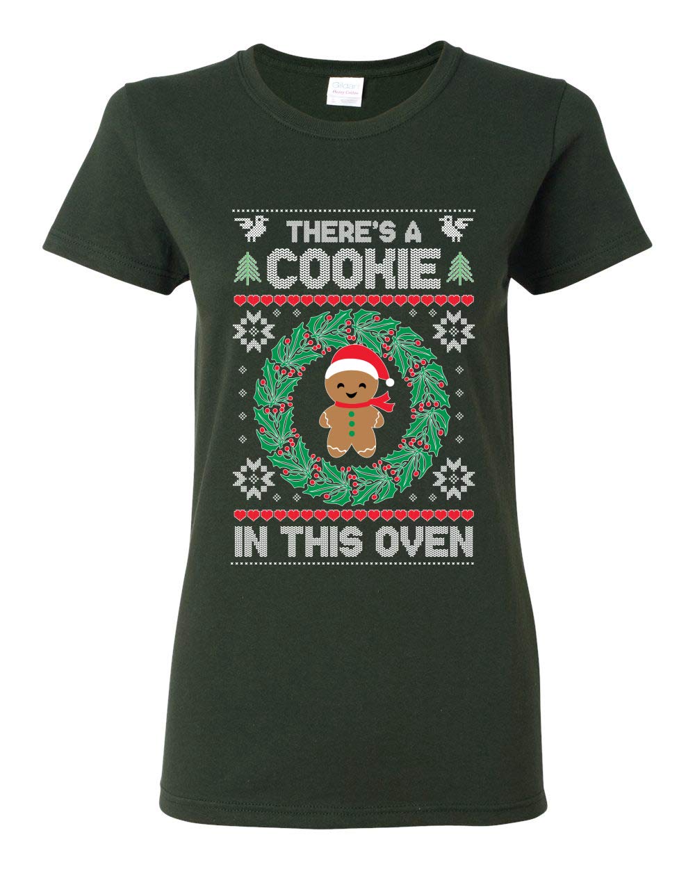 Funny Pregnancy Announcement Ugly Christmas Sweater - Women's Graphic T-Shirt with 'There's a Cookie in This Oven' Design | Perfect for Holiday Parties, Gender Reveals & Christmas Photos
