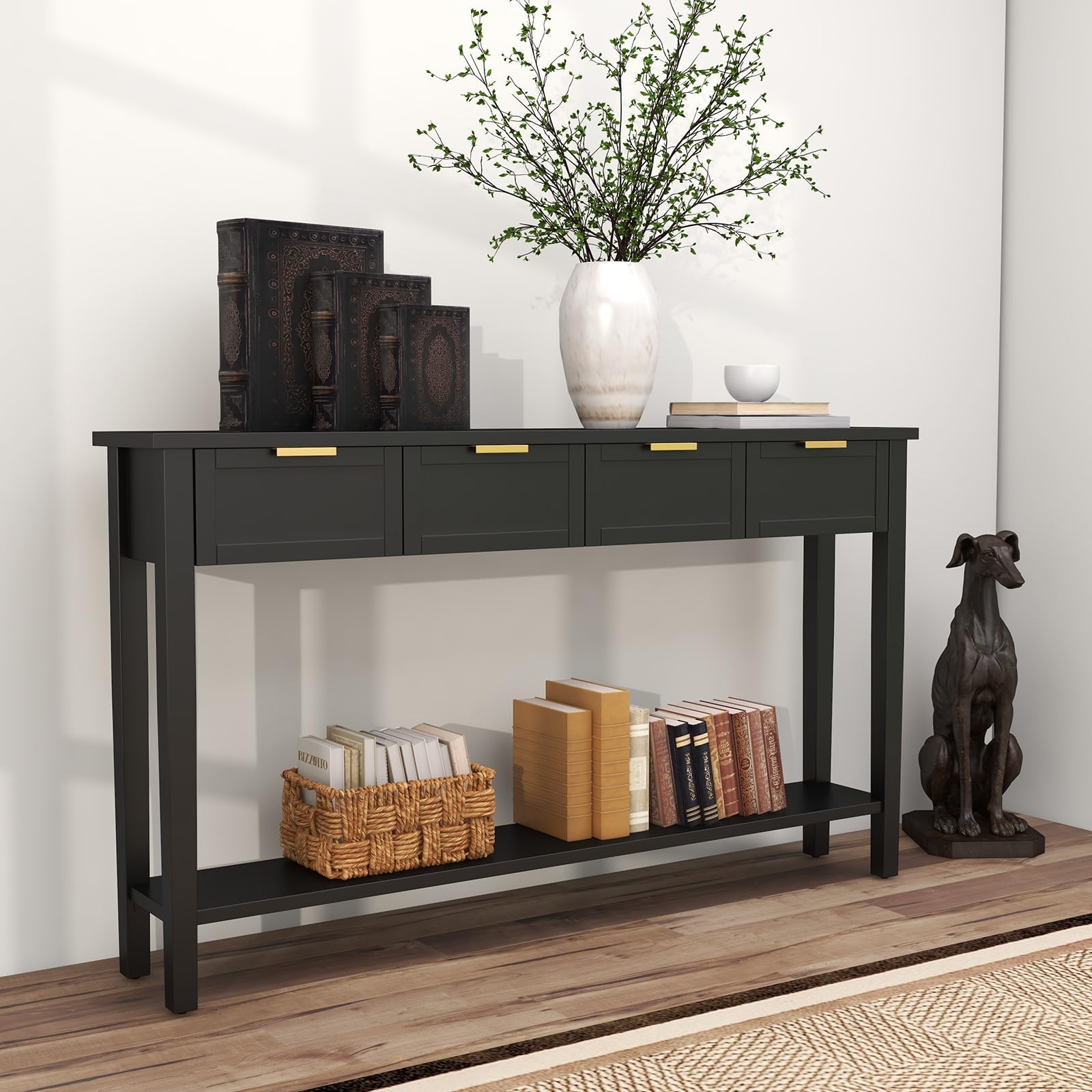Kinbor 2-Tier Narrow Console Table with Open Shelf & 4 Drawers - Modern Entryway Sofa Table with Storage for Living Room, Bedroom, Kitchen - Perfect for Small Spaces & Home Organization (Black)