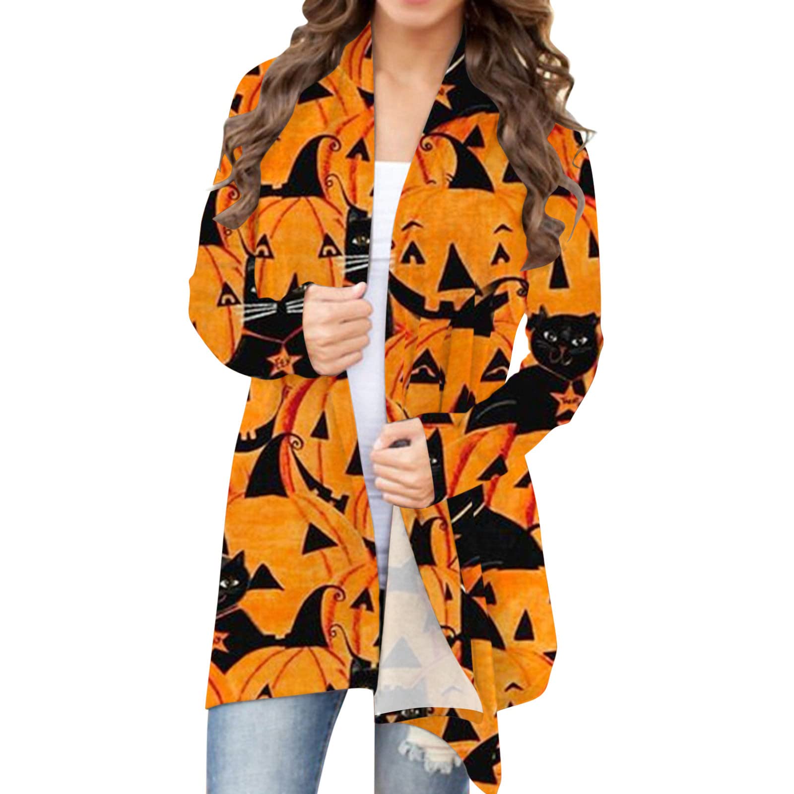 Women's Halloween Cat Pumpkin Print Cardigan Sweater - Cozy Fall Knitwear for Costume Parties & Autumn Layering