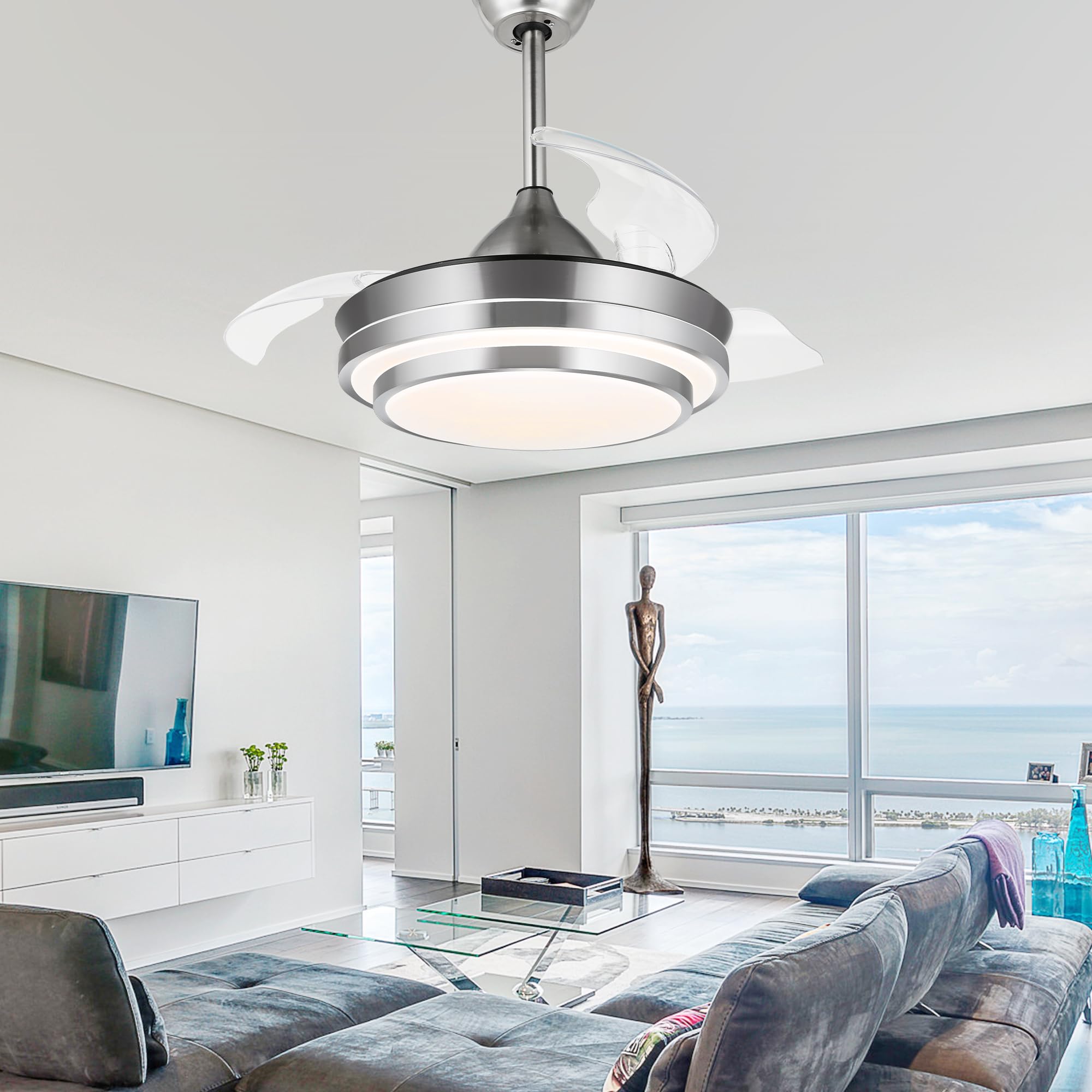 36 Inch Retractable Ceiling Fan with Remote Control - Modern Smart Ceiling Fan with LED Lights, 6 Speed Silent DC Motor, Reversible Blades, 3 Color Temperatures & Timer - Brushed Nickel Finish for Living Room, Bedroom or Office