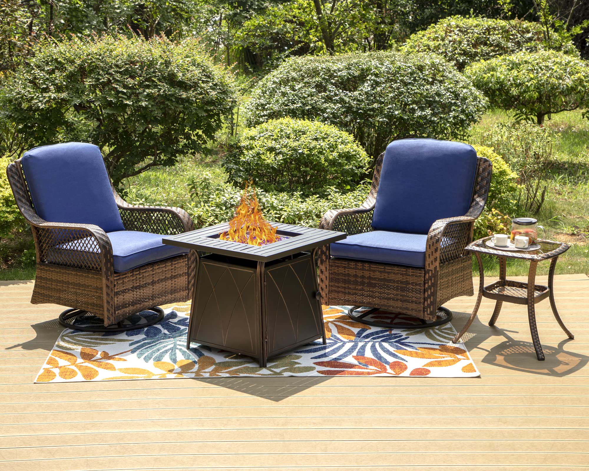 PHI VILLA 4-Piece Outdoor Swivel Rocker Chair Set with Square Gas Fire Pit Table - Wicker Patio Furniture for Garden, Deck, Porch & Backyard - Navy Blue - Perfect for Entertaining, Relaxing & Outdoor Gatherings