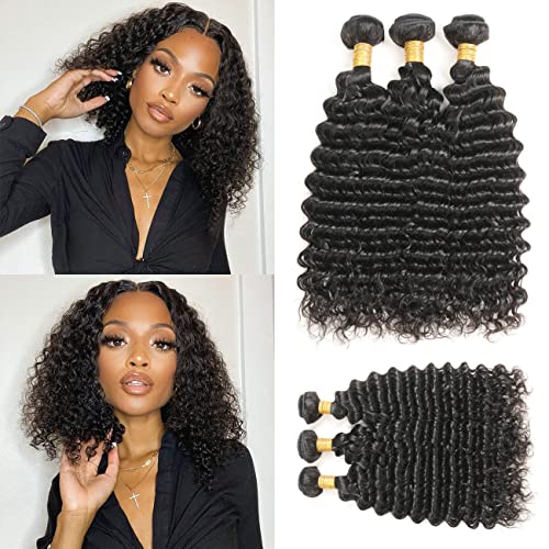 10A Brazilian Virgin Human Hair Bundles - 100% Unprocessed Deep Wave 3 Bundles, Pineapple Curly Weft (8/10/12 Inch) Natural Black Color - Perfect for Sew-in, Clip-in Extensions & Protective Hairstyles