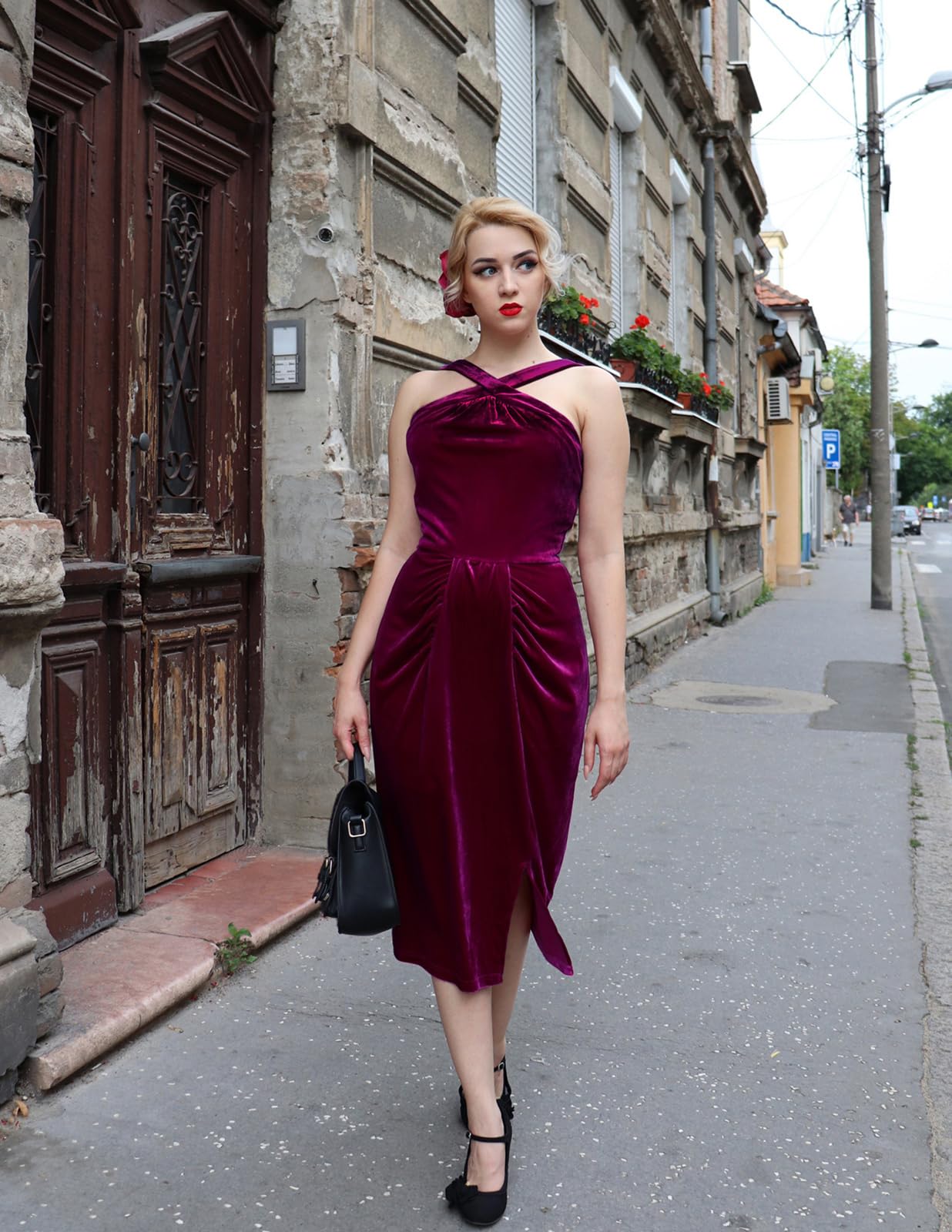 Belle Poque Women's Velvet Slit Midi Dress - Elegant Halter Neck Cocktail Dress for Formal Events, Parties & Evening Occasions