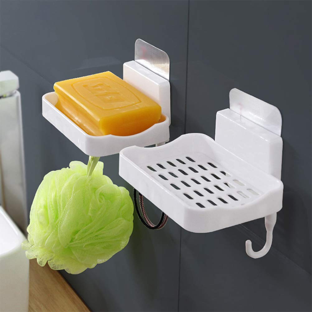 Cabilock White Wall Mount Soap Holder with Hook Dispenser - Smooth Surface Bathroom Storage Rack for Shower, Sink & Kitchen - Durable Soap Dish Organizer for Home, Hotel and RV Use