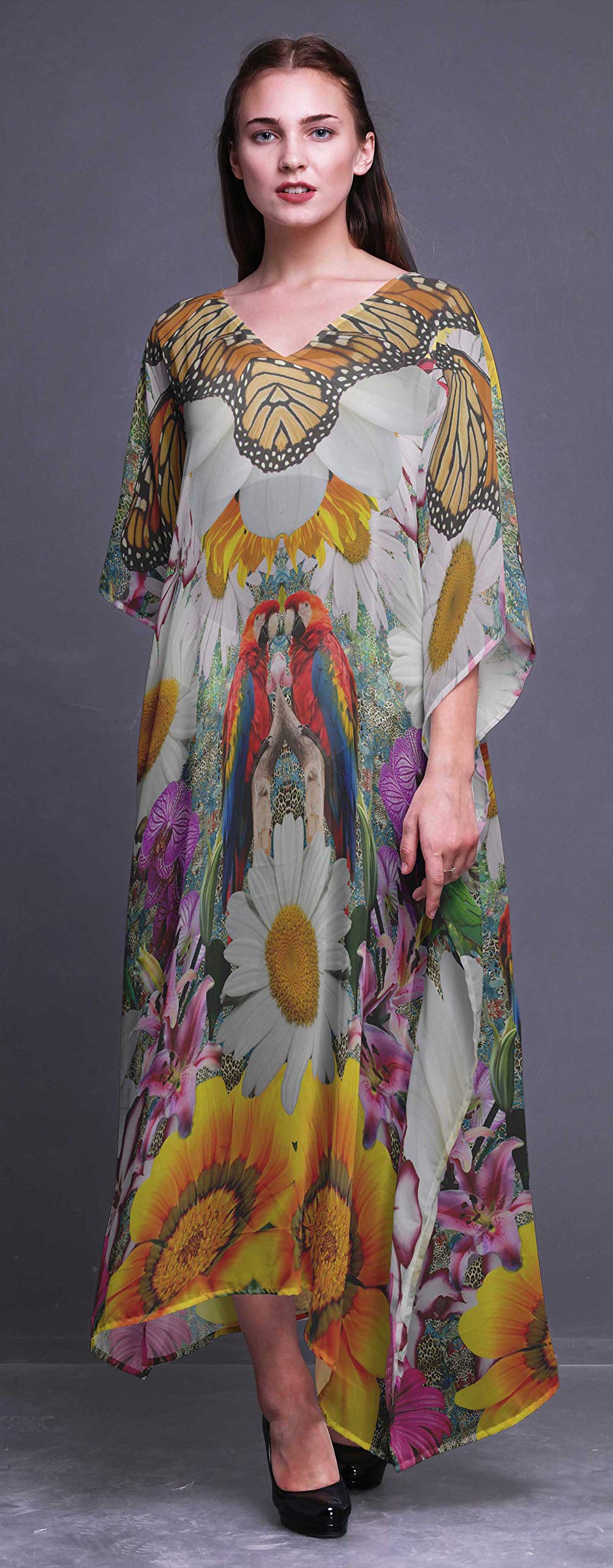 Women's Floral Kaftan Beach Cover Up Dress - Long Sleeve Maxi Dress for Summer, Swimwear Coverup, Boho Chic Beachwear for Vacations & Poolside Relaxation