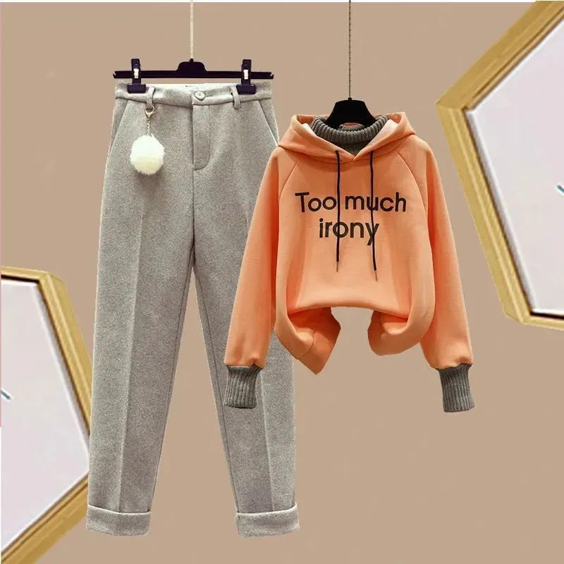 Stylish Women's 3-Piece Winter Outfit - Korean Thickened Hoodie, Casual Cotton Tank Top & Flocked Pants Set | Perfect for Sports, Travel & Daily Wear