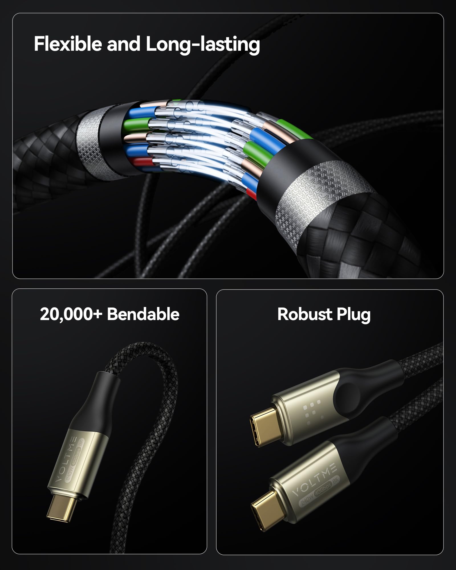 VOLTME 240W USB C to USB C Cable 4FT - 40Gbps USB4 & Thunderbolt 4/3 Compatible - Fast Charging & 8K@60Hz Video Output - Braided Durable Type C Cable for iPhone 16, Galaxy S24, iPad, MacBook Pro (Black) - Perfect for Home, Office & Travel Charging
