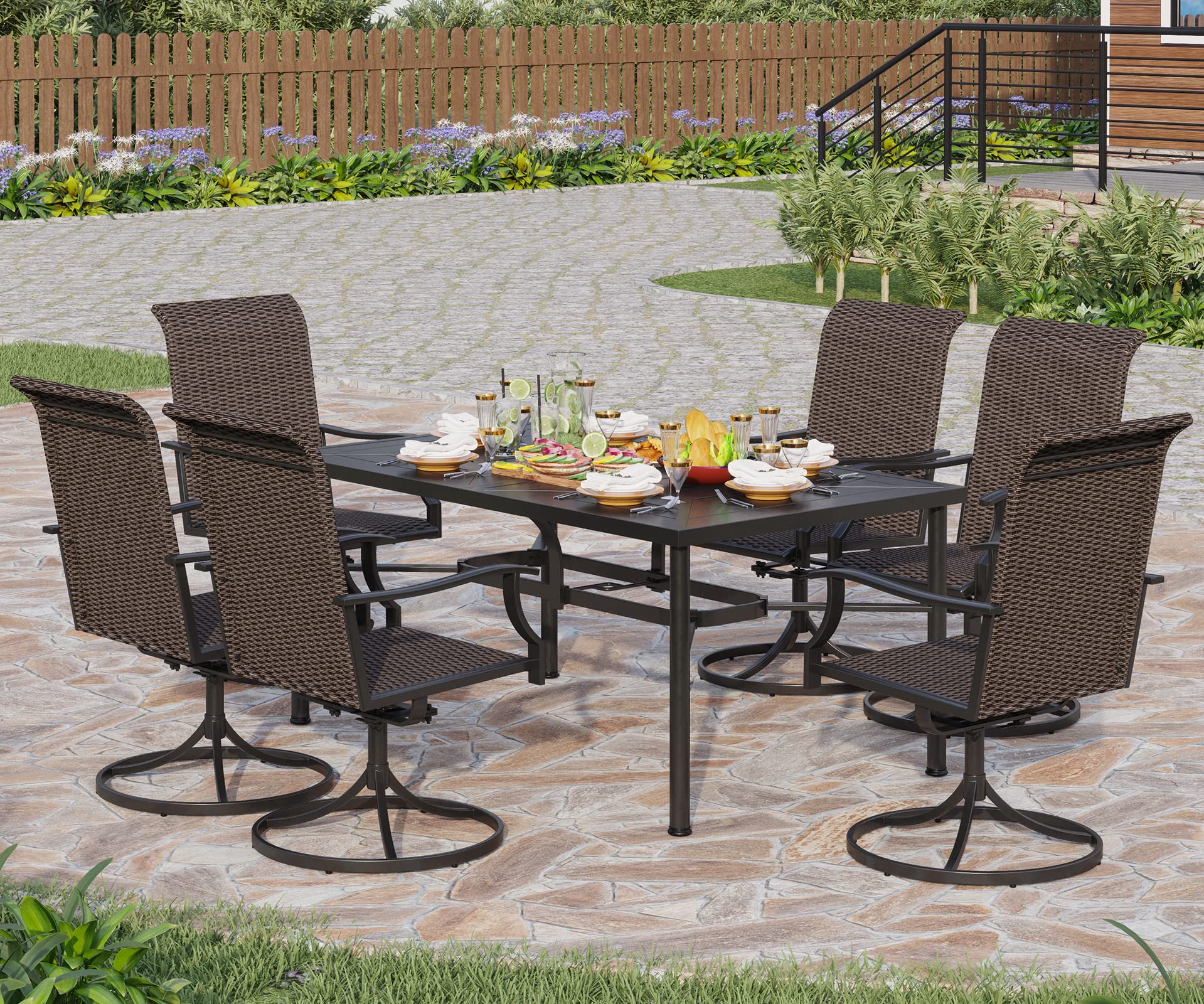 PHI VILLA 7-Piece Outdoor Patio Dining Set with Wicker Swivel Chairs & Metal Table (1.77