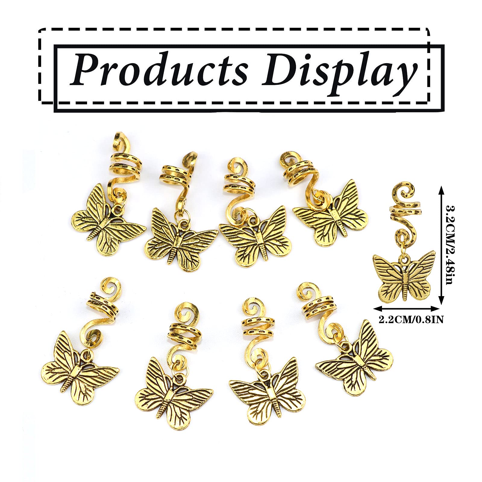 NAISKA Gold Butterfly Hair Beads - Dreadlock Cuffs & Braid Rings for Women - Hair Jewelry Accessories for Boho, Festival & Everyday Style
