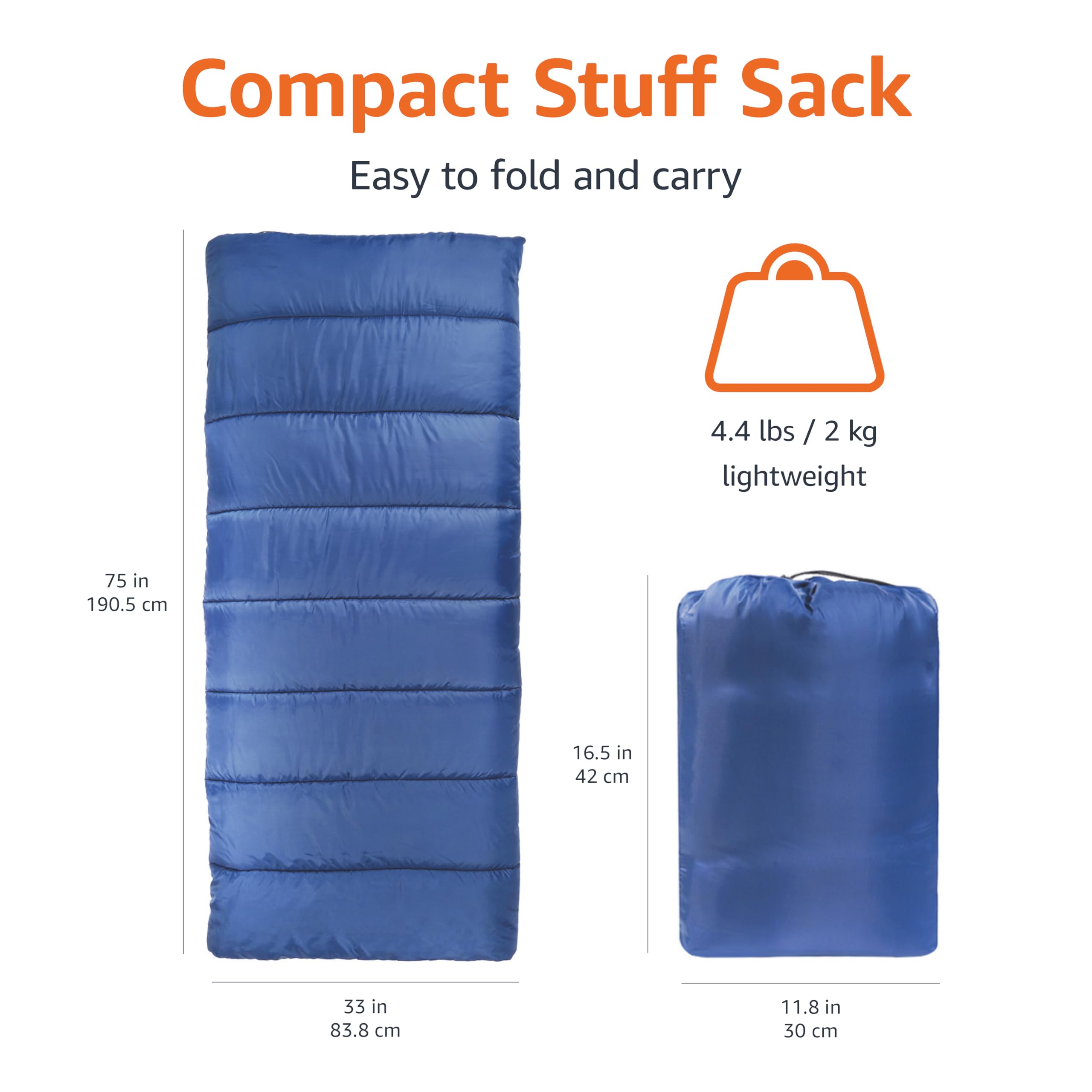 Amazon Basics Cold Weather Sleeping Bag for Adults - Lightweight & Waterproof, Twin Size, Blue - Perfect for Camping, Hiking & Outdoor Adventures