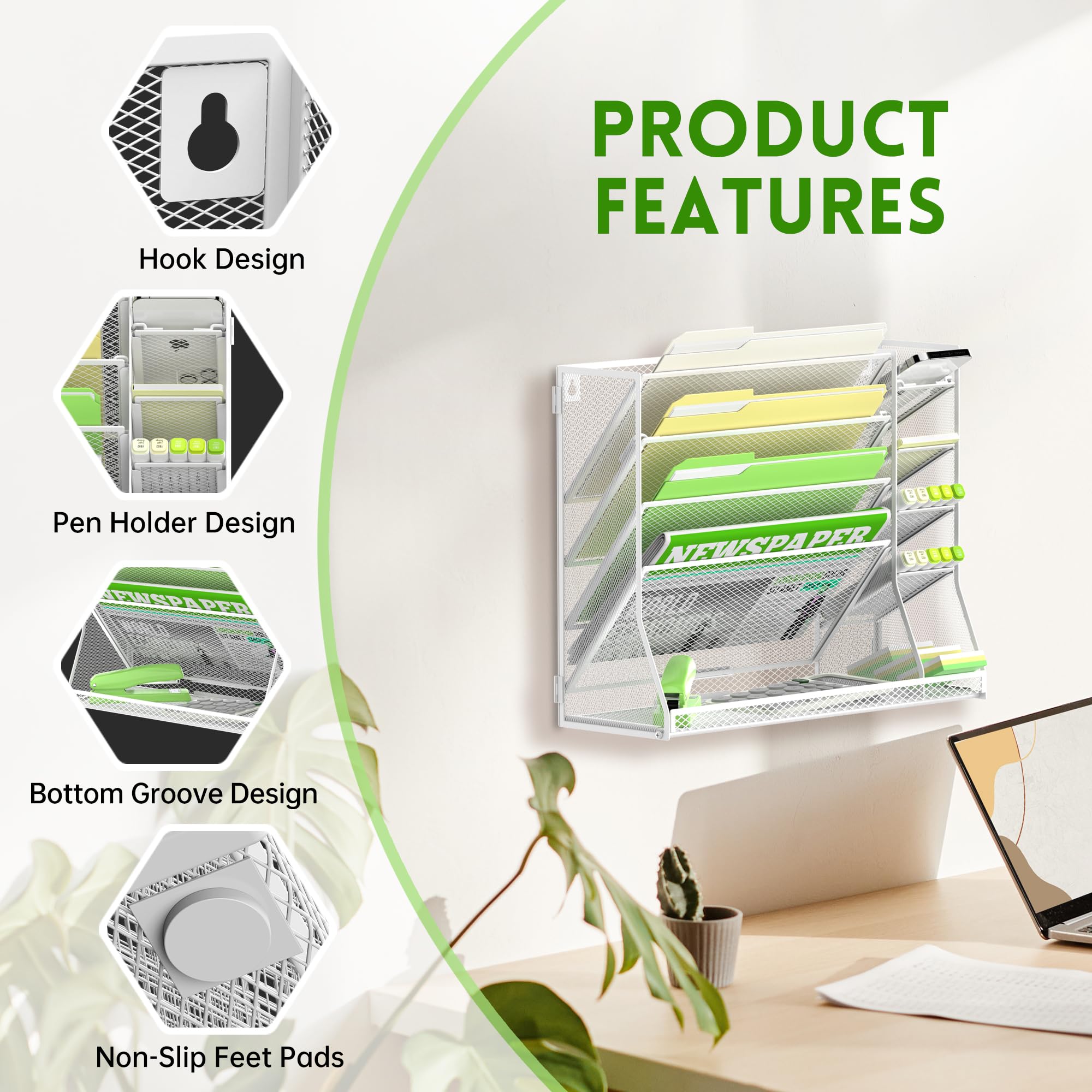 SUPEASY 5-Tier Wall File Organizer with 4 Pen Holders & R-Shaped Bottom Tray - White Office Desk Organizer for Documents, Papers & Supplies - Perfect for Home Office, Workspace & School Organization
