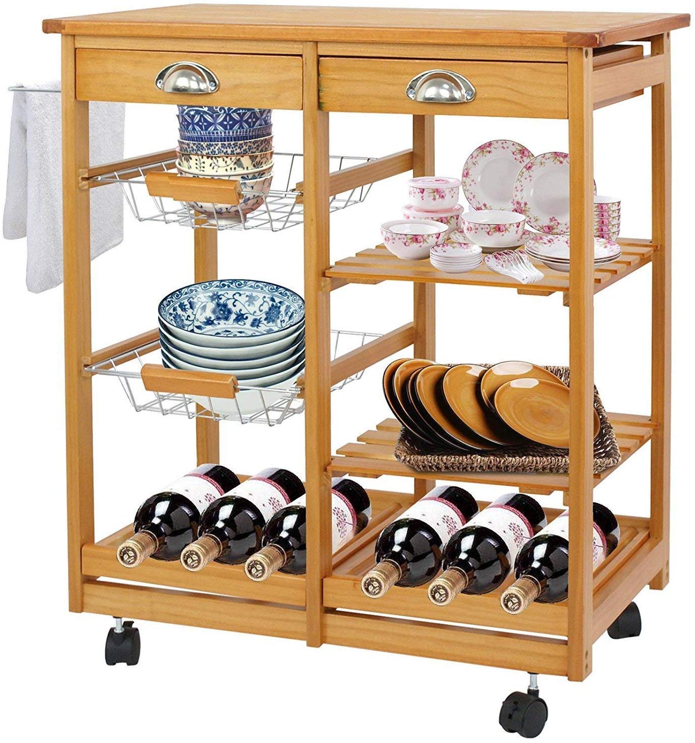 HomGarden Wooden Rolling Kitchen Island Cart with Drawer, Shelves & Basket - Mobile Storage Stand for Microwave, Dining & Countertop - Perfect for Small Kitchens, Apartments & Food Prep Areas