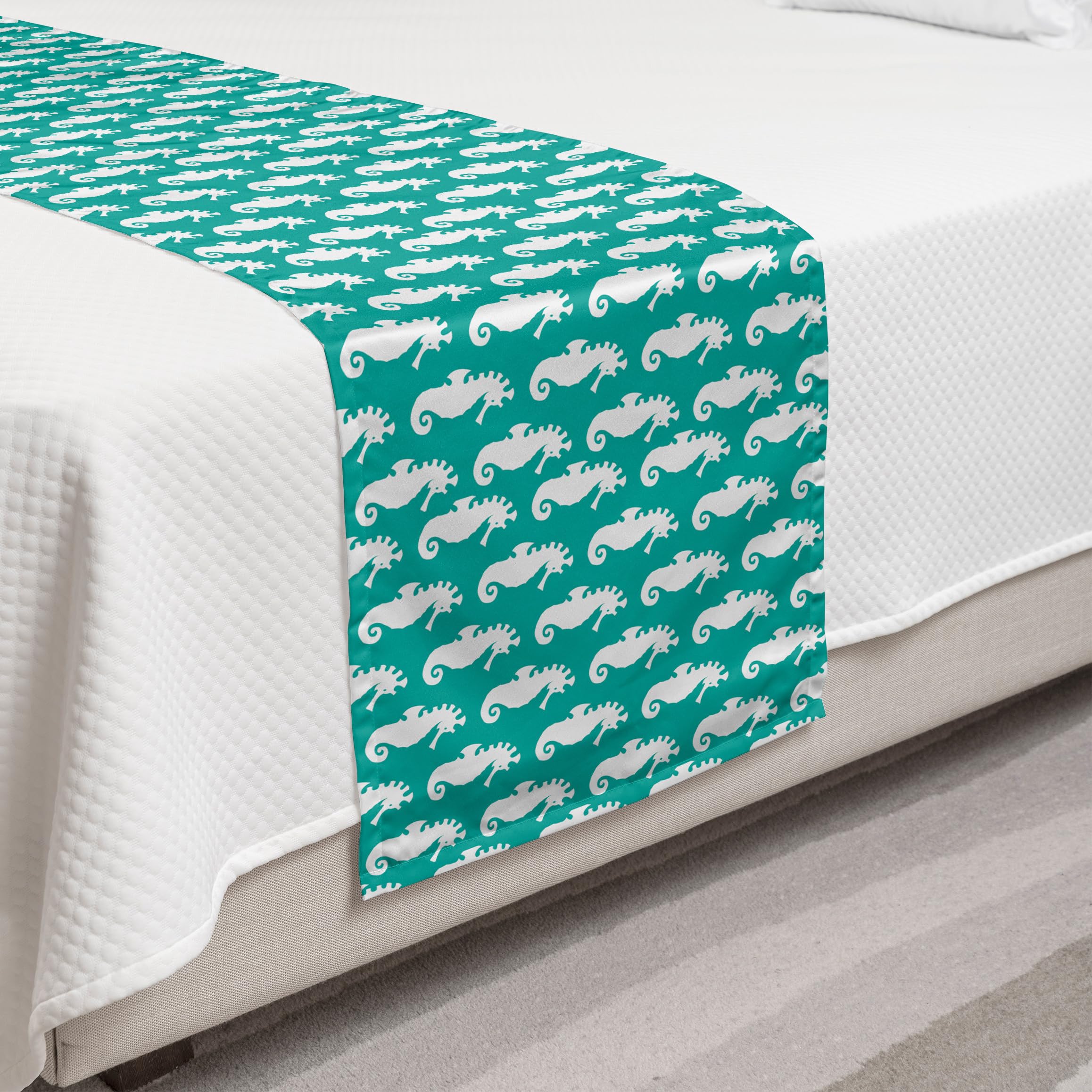 Ambesonne Seahorse Bed Runner - Tropical Aquarium Themed Decorative Bedding Scarf with Simplistic Silhouette Design in Sky Blue & White - Perfect for Hotels, Homes, Guestrooms & Coastal Bedroom Decor