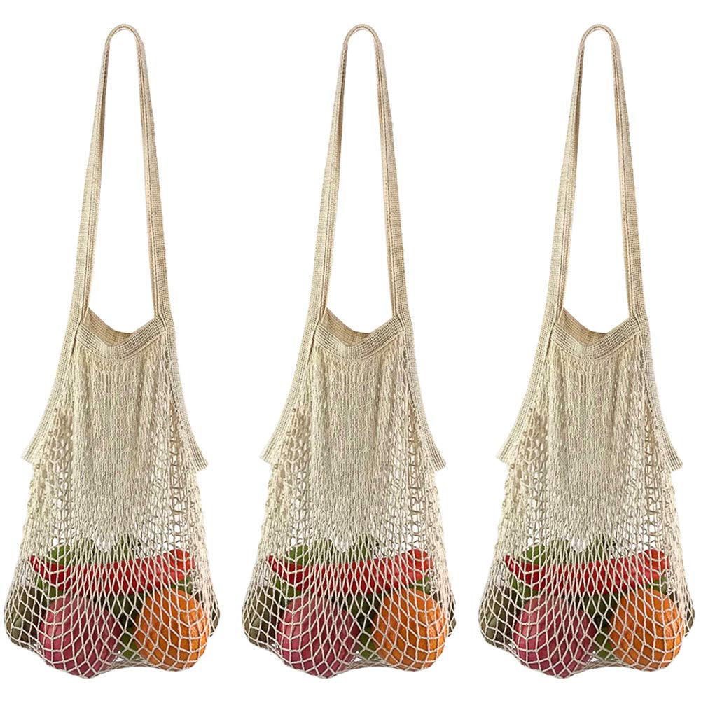 Eco-Friendly Reusable Grocery Bags - Durable Long Handle Cotton Mesh Tote for Fruits, Vegetables & Shopping (Beige) | Perfect for Farmers Market, Grocery Store & Beach Trips