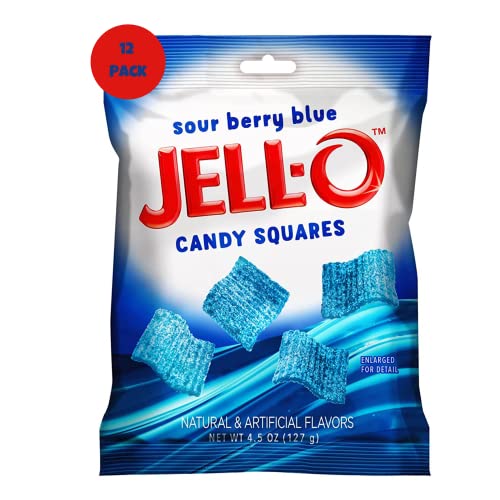 JELL-O™ Sour Candy Squares - Sour Berry Blue Flavor | Chewy Sweet and Tart Candy | 12-Pack of 4.5 oz Single Serve Bags | Perfect for Lunchboxes, Movie Nights & Party Favors