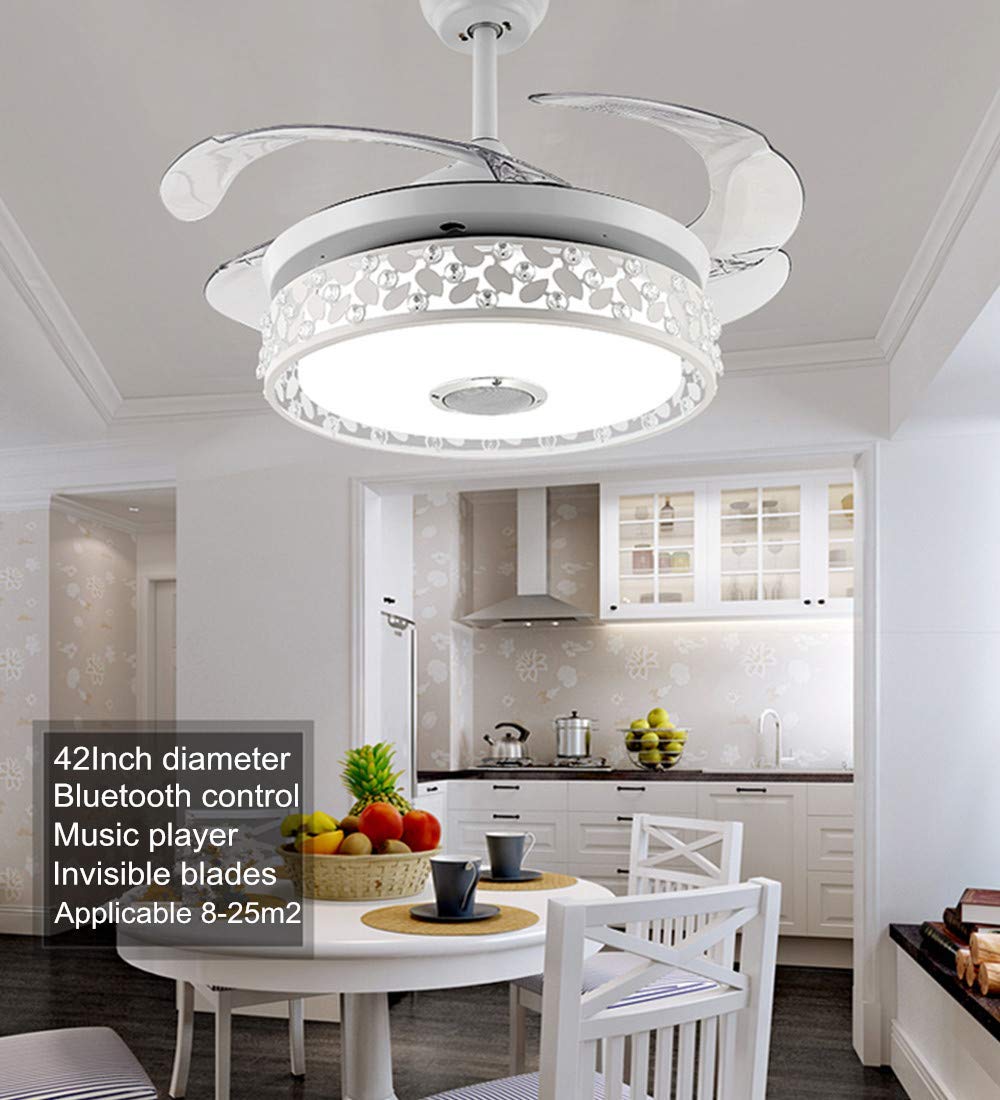 42 Inch Smart Ceiling Fan with Light, Bluetooth Speaker & Remote Control - Modern 7-Color Dimmable LED Chandelier Fan, Ultra Quiet for Bedroom, Dining Room & Living Room - Perfect for Home Cooling & Ambient Lighting (White)