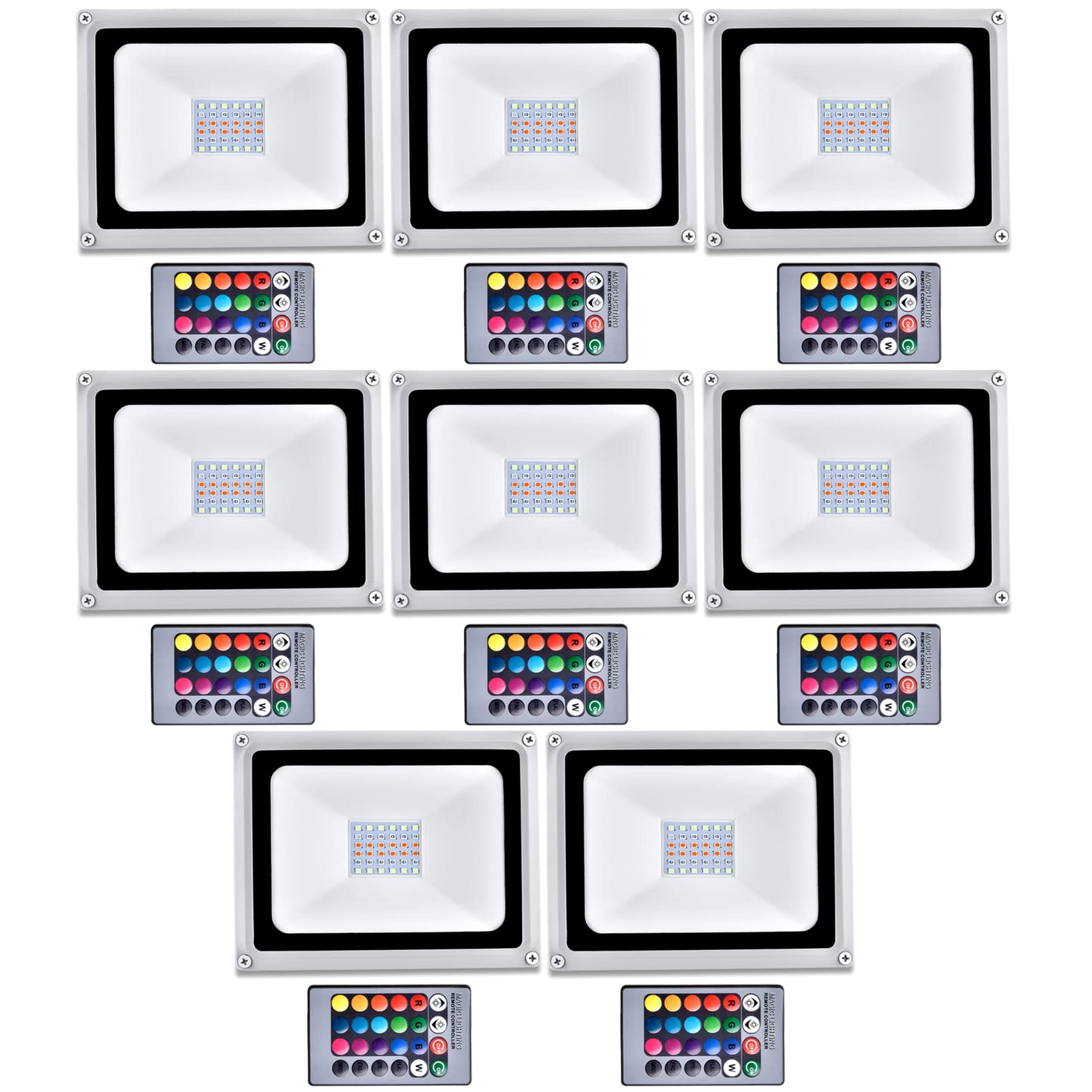 8 Pack 30W LED RGB Floodlights with Remote Control - 16 Colors & 4 Dynamic Modes, IP65 Waterproof Outdoor Security Lights, Dimmable Landscape Wall Spotlights for Garden, Patio, Yard, and Pool Area Lighting