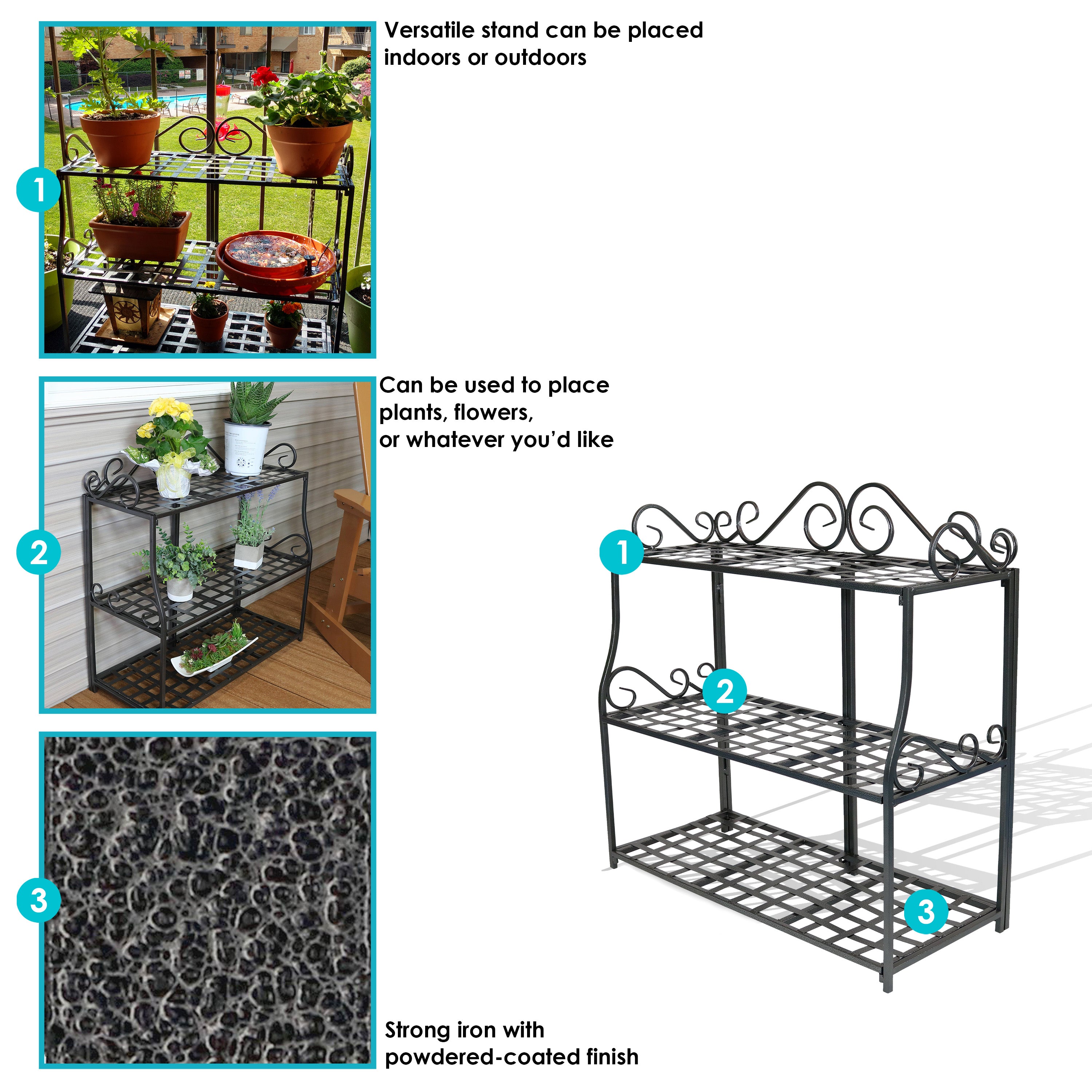 Sunnydaze 3-Tier Metal Iron Plant Stand with Decorative Scroll Design - Indoor/Outdoor Flower Pot Holder for Patio, Garden, Balcony & Home Decor