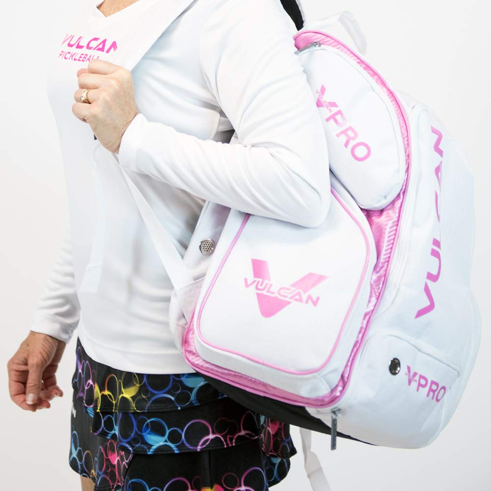 Vulcan VPRO Pickleball Backpack - Durable Tennis & Sports Gear Bag with Paddle Holders (White/Pink) - Perfect for Pickleball, Tennis & Gym Storage