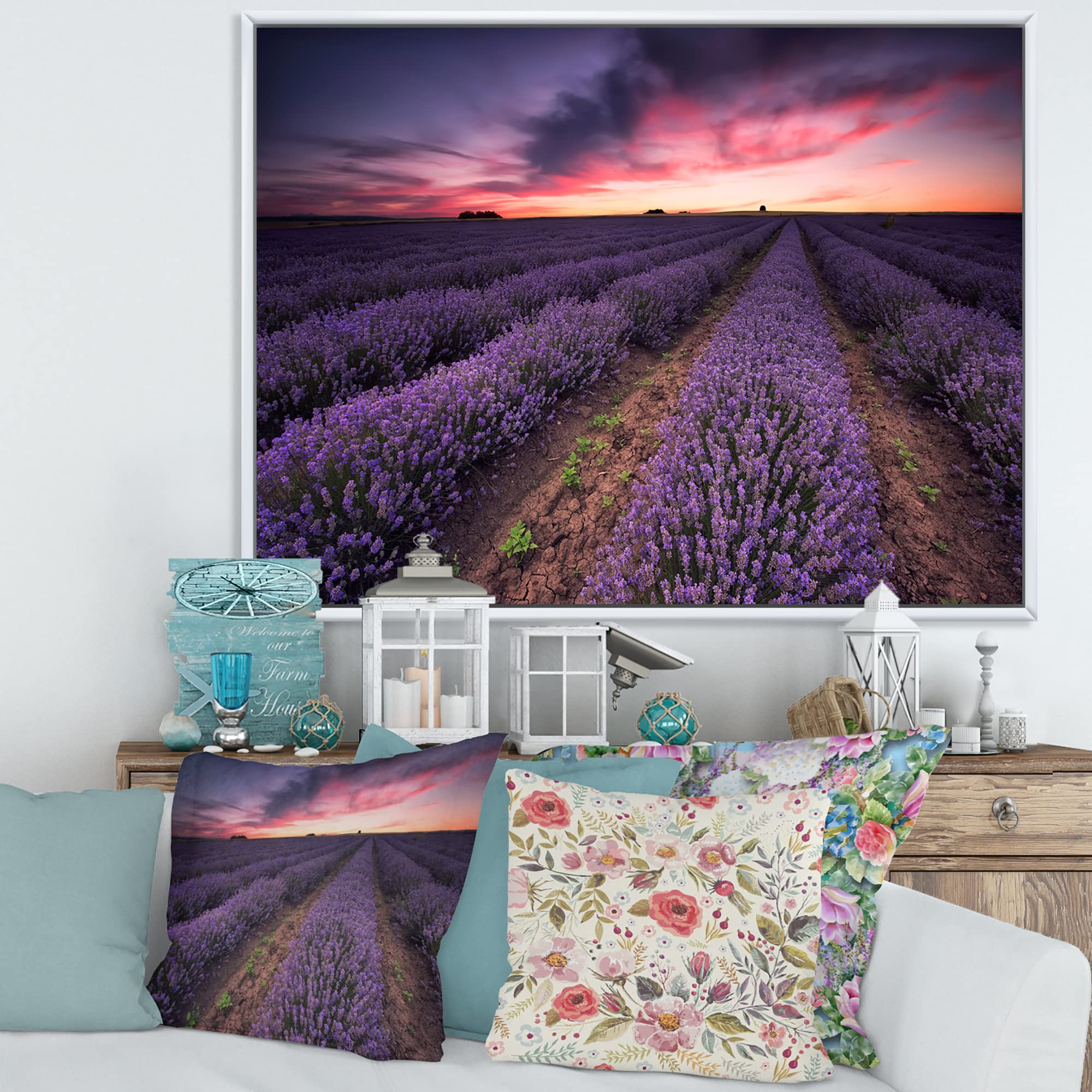 Sunrise & Dramatic Clouds Over Lavender Field IX - Framed Canvas Wall Art Print for Farmhouse Decor | Perfect for Living Room, Bedroom & Office Wall Decor