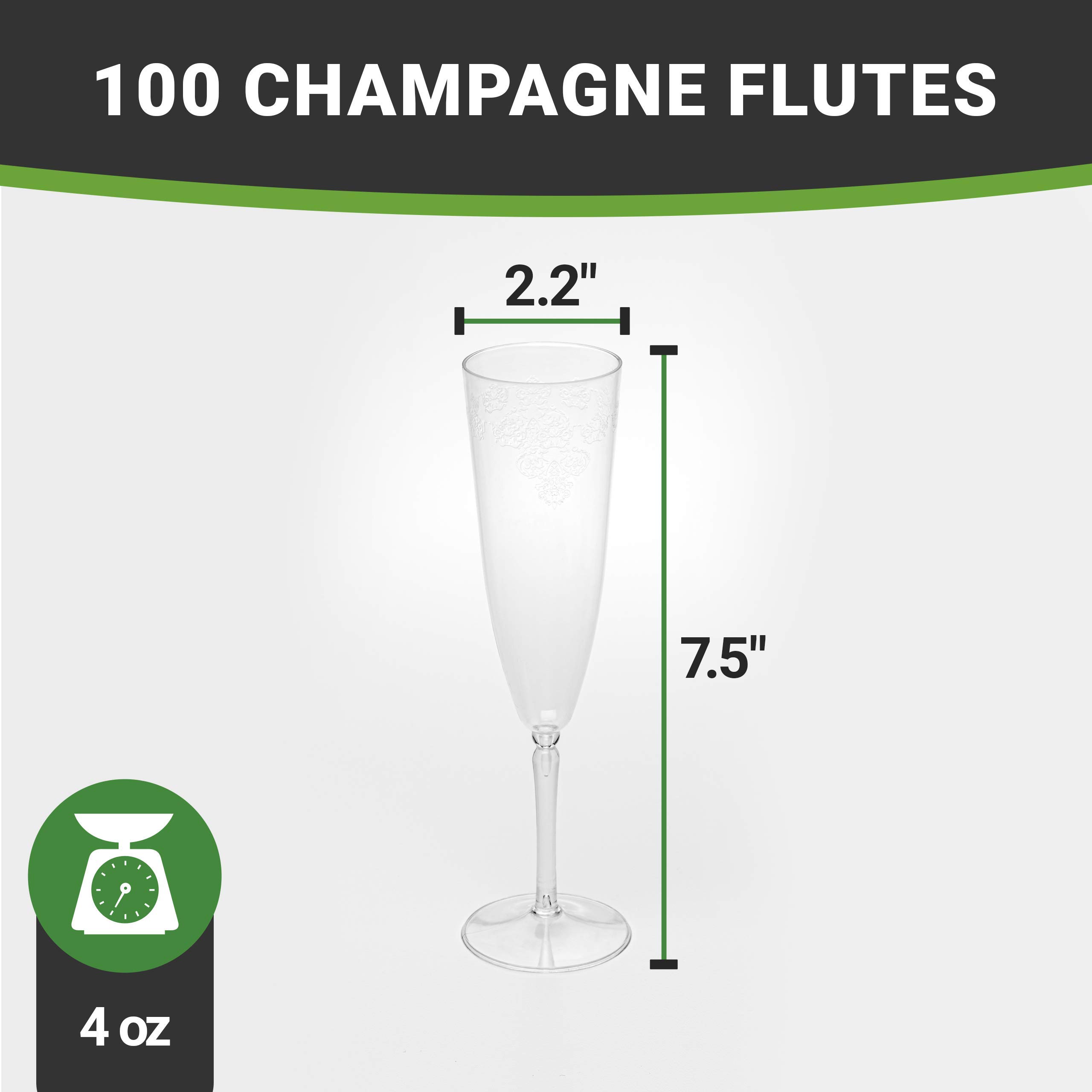 100-Pack 4 oz Clear Plastic Champagne Flutes - Disposable Tall Mimosa Glasses with Elegant Lace Design for Weddings, Parties & Events - Perfect for Champagne, Cocktails & Beverages (BPA-Free)