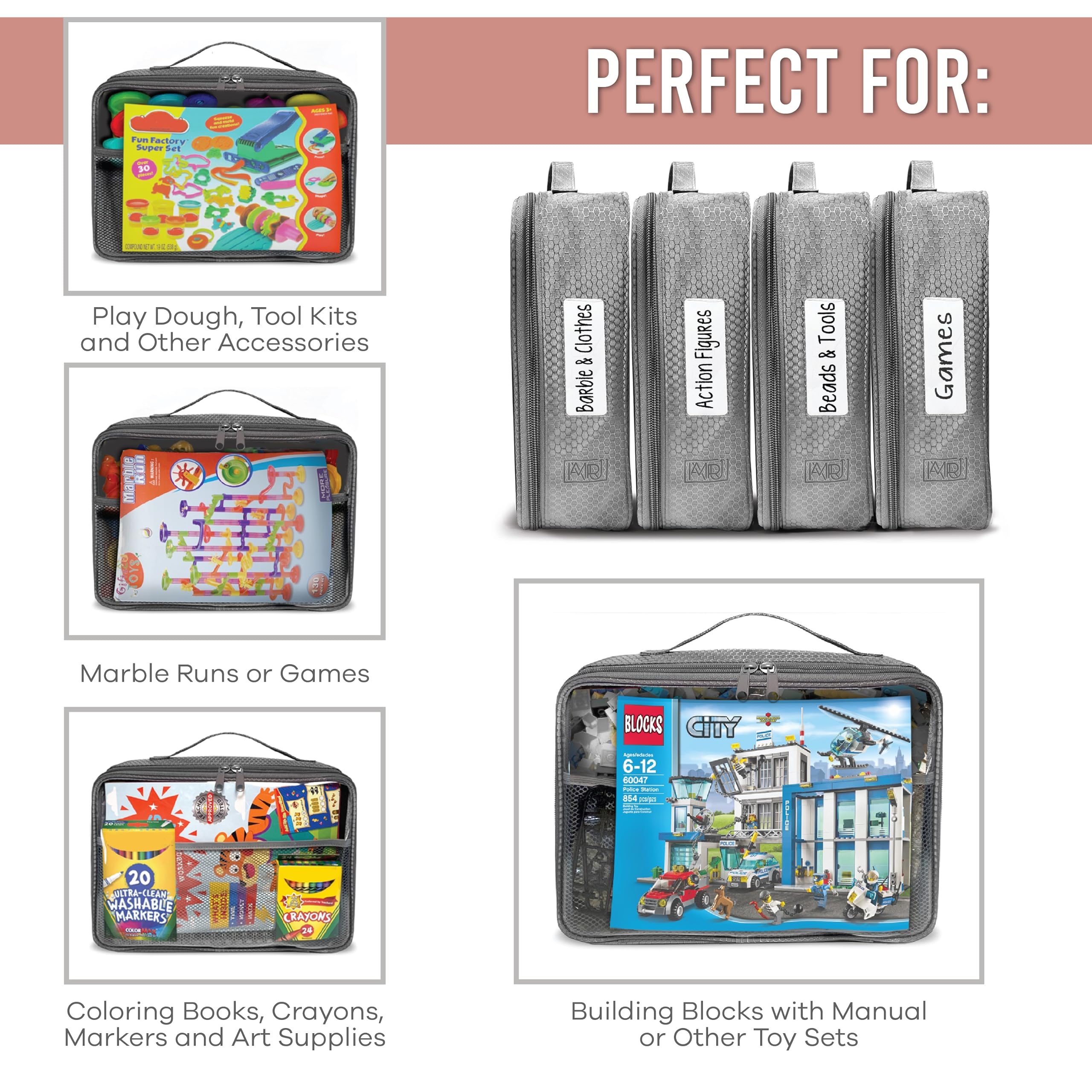 Portable Toy Storage Organizer Bag - Large 3-Piece Set for Kids (Grey) | On-the-Go Toy Organizer, Car Travel Storage & Lego Travel Bag | Perfect for Road Trips, Playdates & Daycare Organization