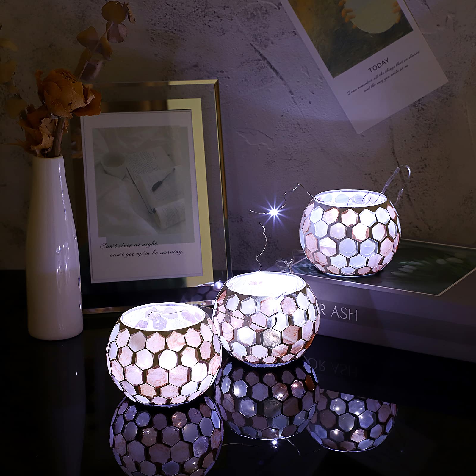 Set of 3 Mosaic Glass Tea Light Holders - Round Bowl Votive Candle Stands for Wedding Centerpieces, Dining Table Decor & Home Ambiance | Perfect for Romantic Dinners, Party Decorations & Spa Relaxation