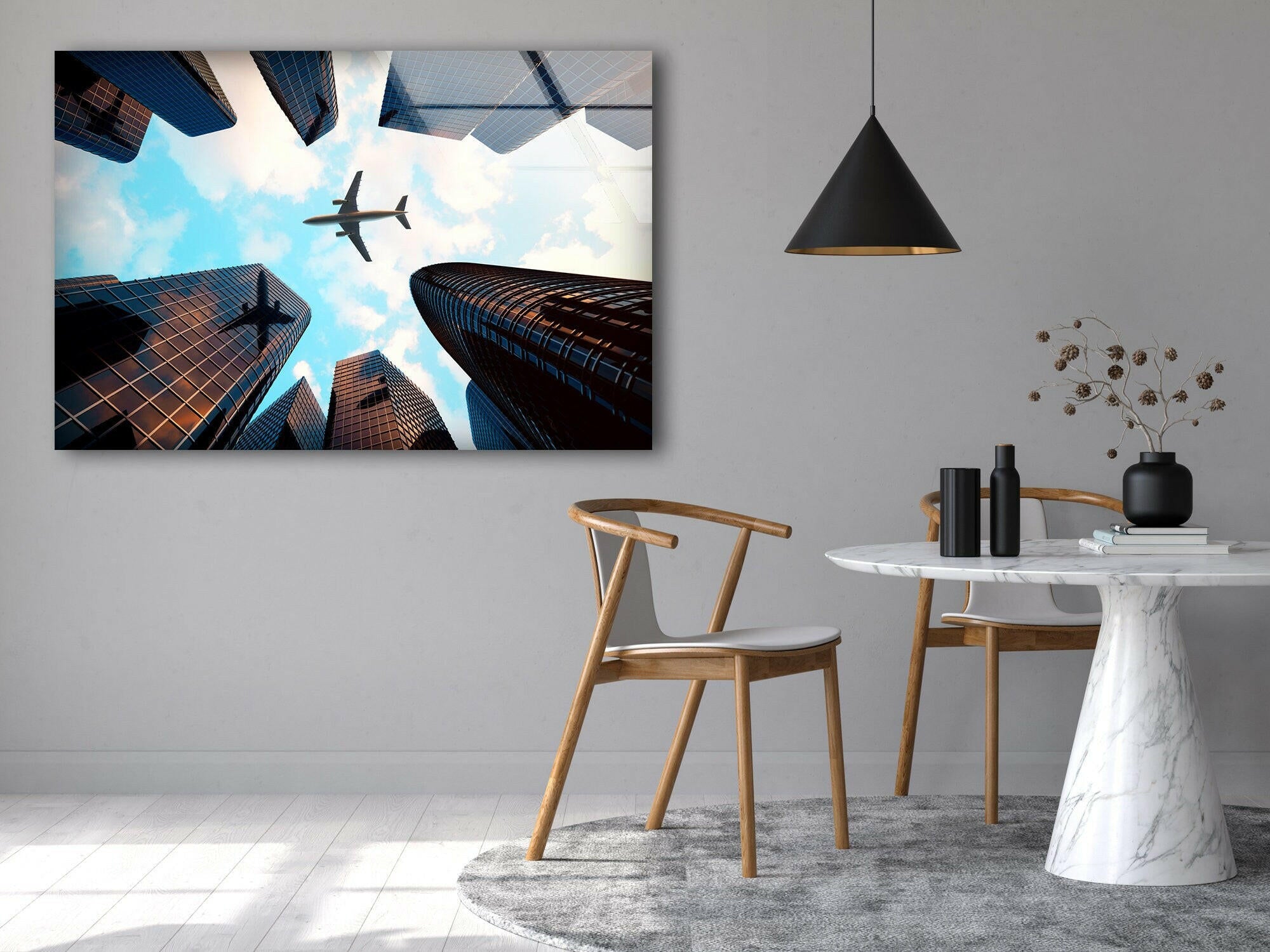 Modern City Skyline & Airplane Glass Wall Art - Urban Decor for Living Room, Office & Bedroom