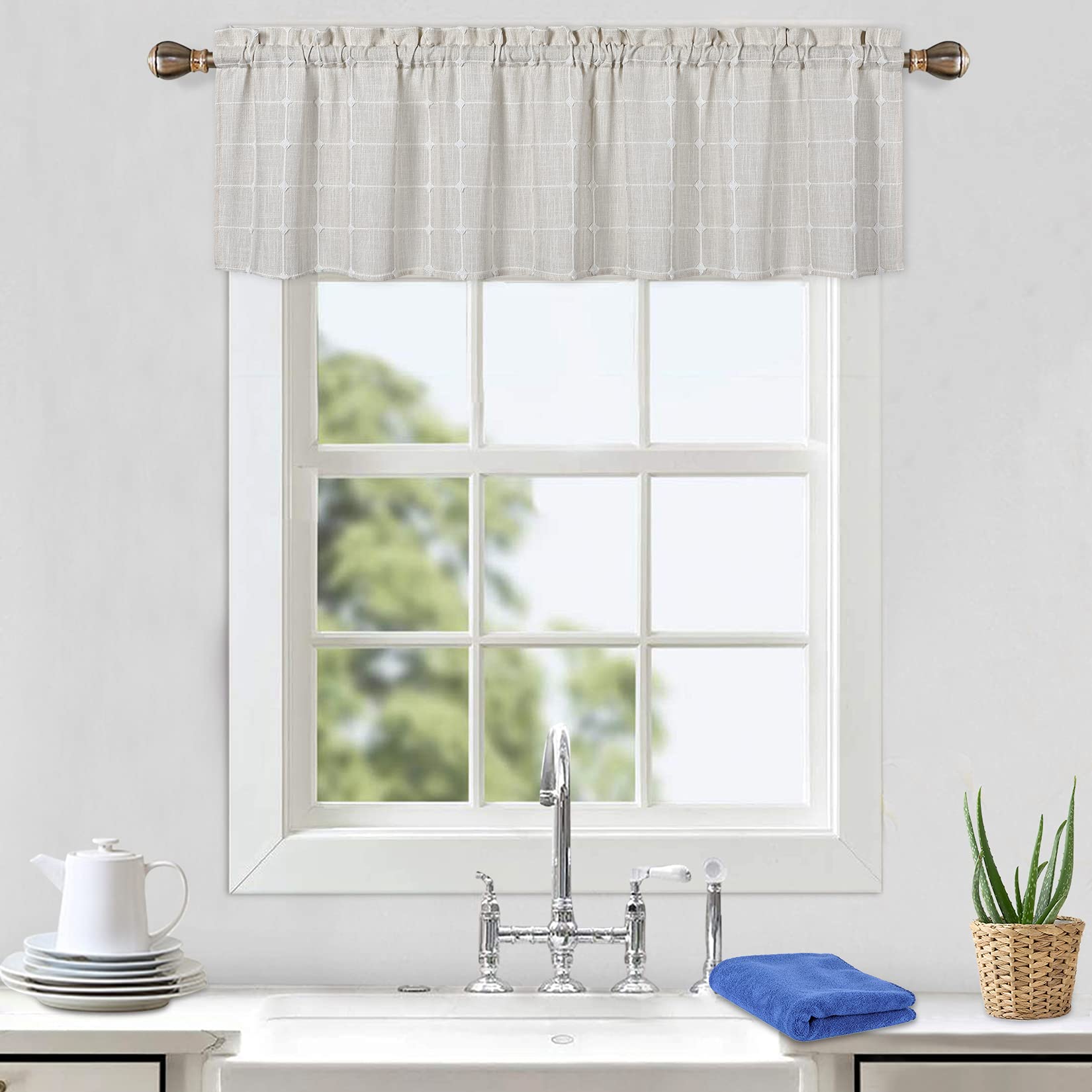 CAROMIO Farmhouse Window Valances - Boho Gingham Linen Curtains for Kitchen, Bedroom & Living Room (52x15 Inches, Beige) - Perfect for Rustic Home Decor & Cozy Interior Design