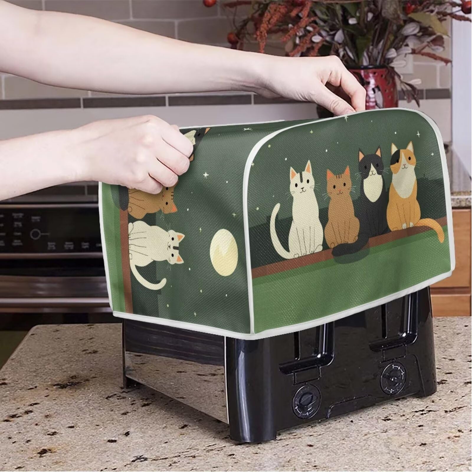 Cartoon Cat Print Toaster Oven Cover - Washable Anti-Dust & Anti-Fingerprint Bread Machine Cover for Most 2 Slice Toasters - Perfect for Kitchen, Breakfast & Small Appliance Protection