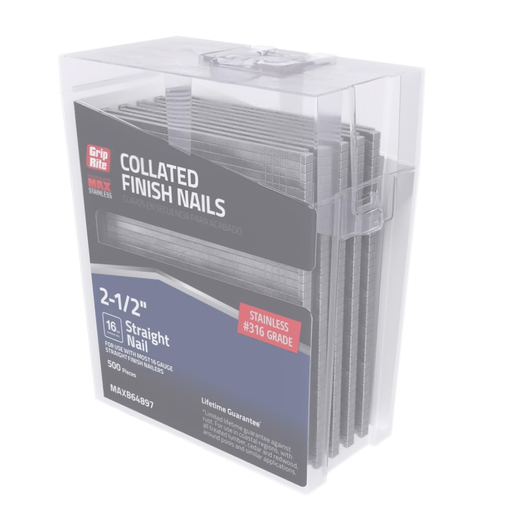 Grip Rite Prime Guard MAXB64897 2-1/2-inch 316 Stainless Steel 16-gauge Straight Finish Nails, 500 per Belt Clip - Ideal for Outdoor Decking and Marine Applications