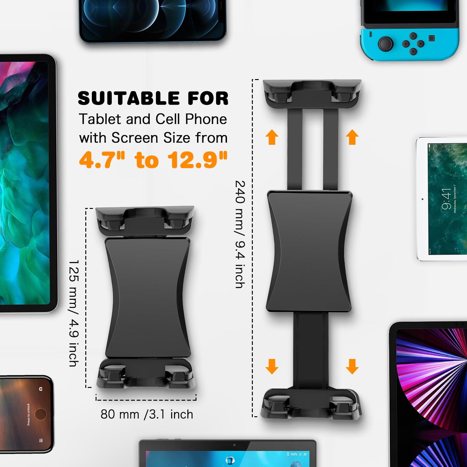 Jubor 360° Rotatable Car Tablet Holder with Strong Suction Cup - Adjustable Dashboard & Windscreen Mount for iPad Air/Mini, iPhone, Galaxy (Fits 4.7-12.9