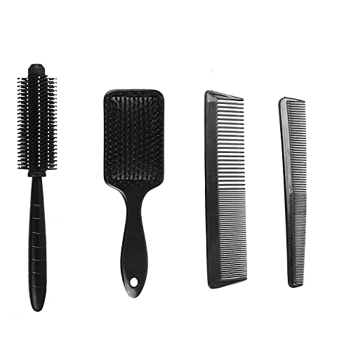 QAKVI 4-Piece Professional Hair Styling Comb Set - Paddle & Round Brushes for All Hair Types (Men & Women) - Perfect for Salon Styling, Blowouts & Home Hair Care