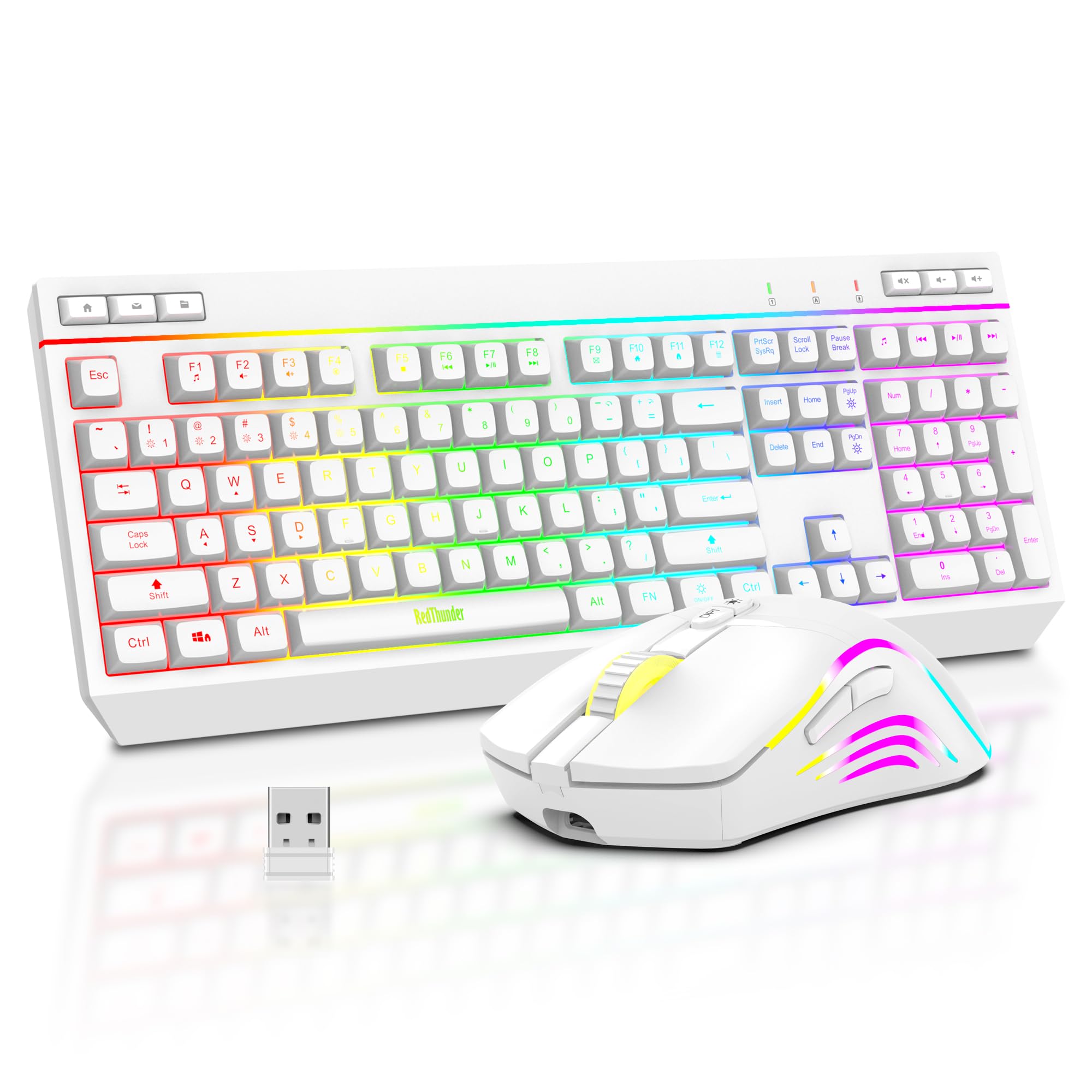 RedThunder K20 Wireless Keyboard and Mouse Combo - Full Size Anti-Ghosting Mechanical Keyboard with RGB Backlit, 7D 4800DPI Gaming Mouse, Rechargeable for PC Laptop Mac Xbox (White) | Perfect for Gaming, Office Work & Home Entertainment