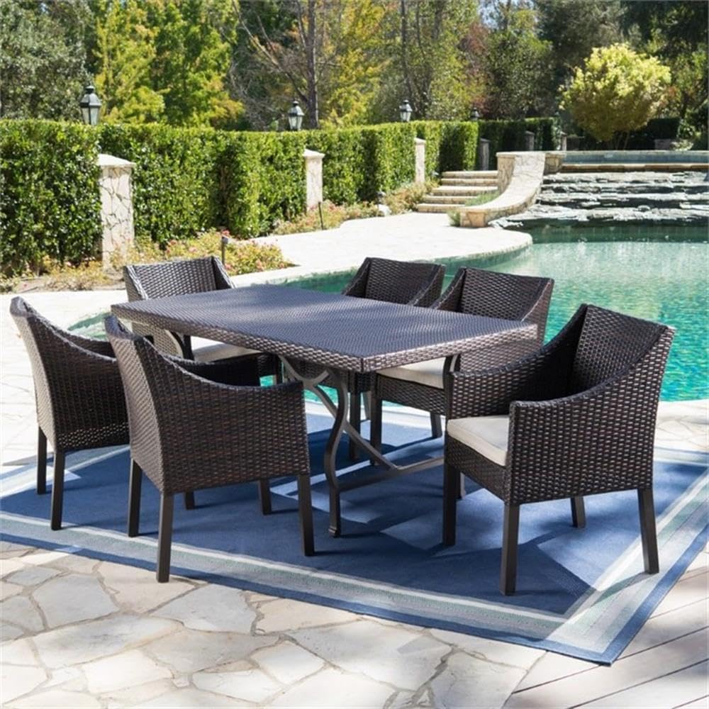 Noble House Azusa 7-Piece Brown Wicker Patio Dining Set for Outdoor Garden, Poolside, and Backyard Entertaining