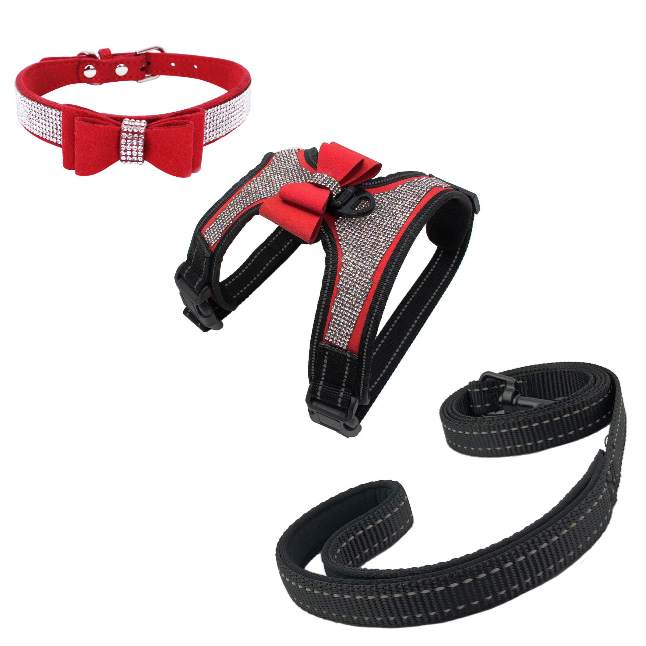 Newtensina 3-Piece Sparkling Bow Tie Dog Harness Set with Matching Collar & Leash for Small Dogs - Perfect for Pet Parties, Photo Shoots & Daily Walks