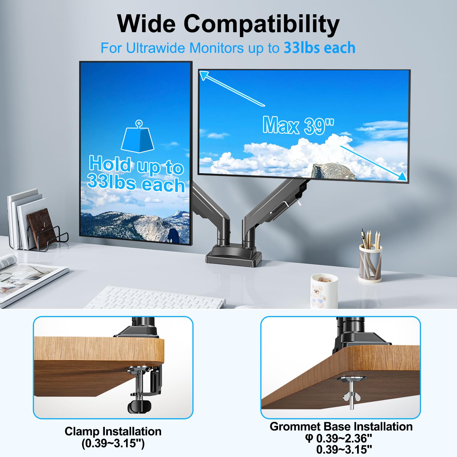Dual Monitor Stand for 43 Inch Screens - Heavy Duty Ultrawide Monitor Arm Holds 33lbs Each, Adjustable Gas Spring VESA Mount for 2 Monitors - Perfect for Home Office, Gaming Setup & Workstation