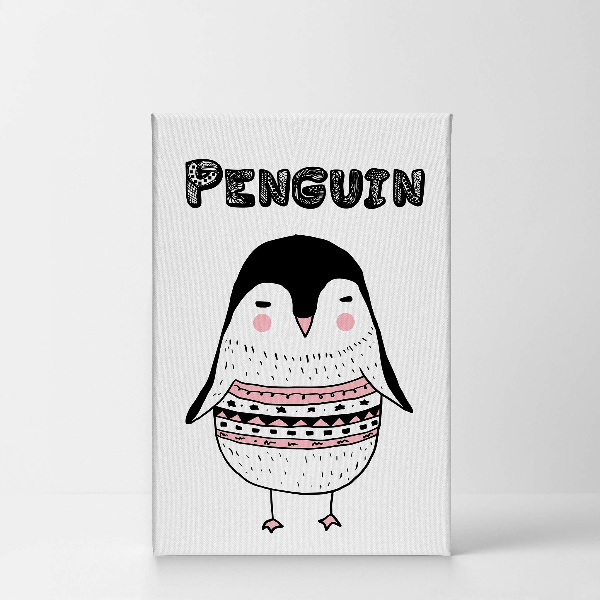 Handmade Penguin Canvas Wall Art - Scandinavian Illustration Kids Room Decor, Nursery Wall Art, Ready to Hang (36x24 inches) - Perfect for Baby Rooms, Playrooms & Children's Bedrooms | 100% Made in USA