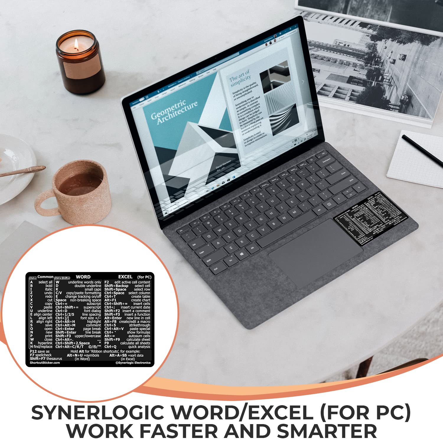 SYNERLOGIC Microsoft Word/Excel Windows键盘快捷键参考贴纸 - 无残留乙烯基材质，黑色小号，适合办公学习高效操作
