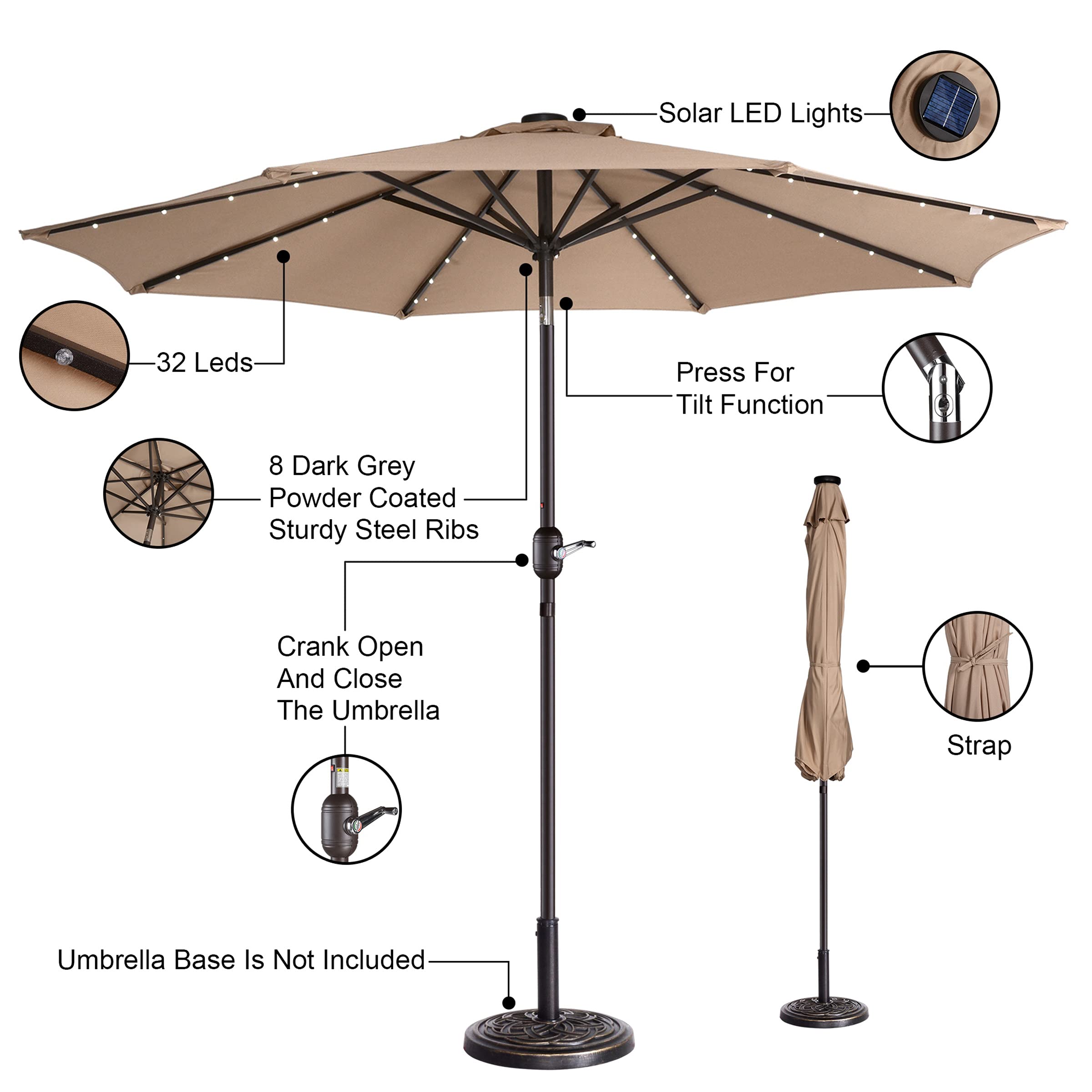 Pure Garden 152240DAS 9ft Outdoor Patio Umbrella in Beige - Sun Shade for Pool, Deck, Backyard, and Beach - Water Resistant & UV Protection