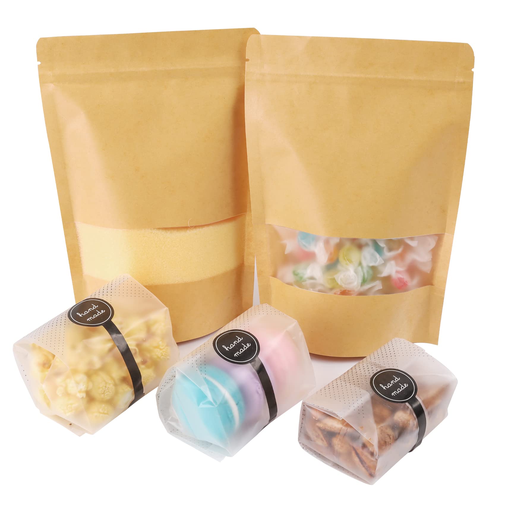 100 Pack Clear Plastic Cookie Bags & 50 Pack Resealable Kraft Stand Up Pouches - Perfect for Baking, Candy Treats, Party Favors and Snack Storage